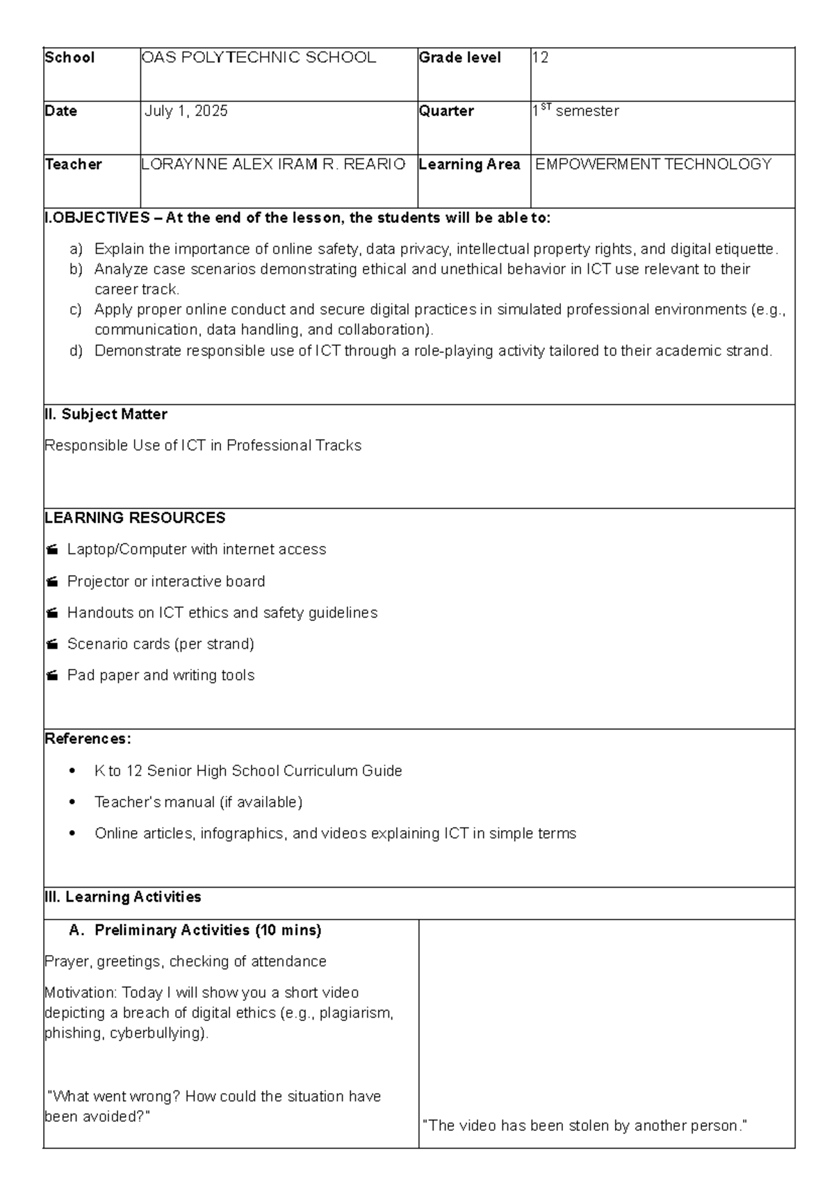 ET DLP 2 - Detailed Lesson Plan on Responsible ICT Use in Grade 12 ...