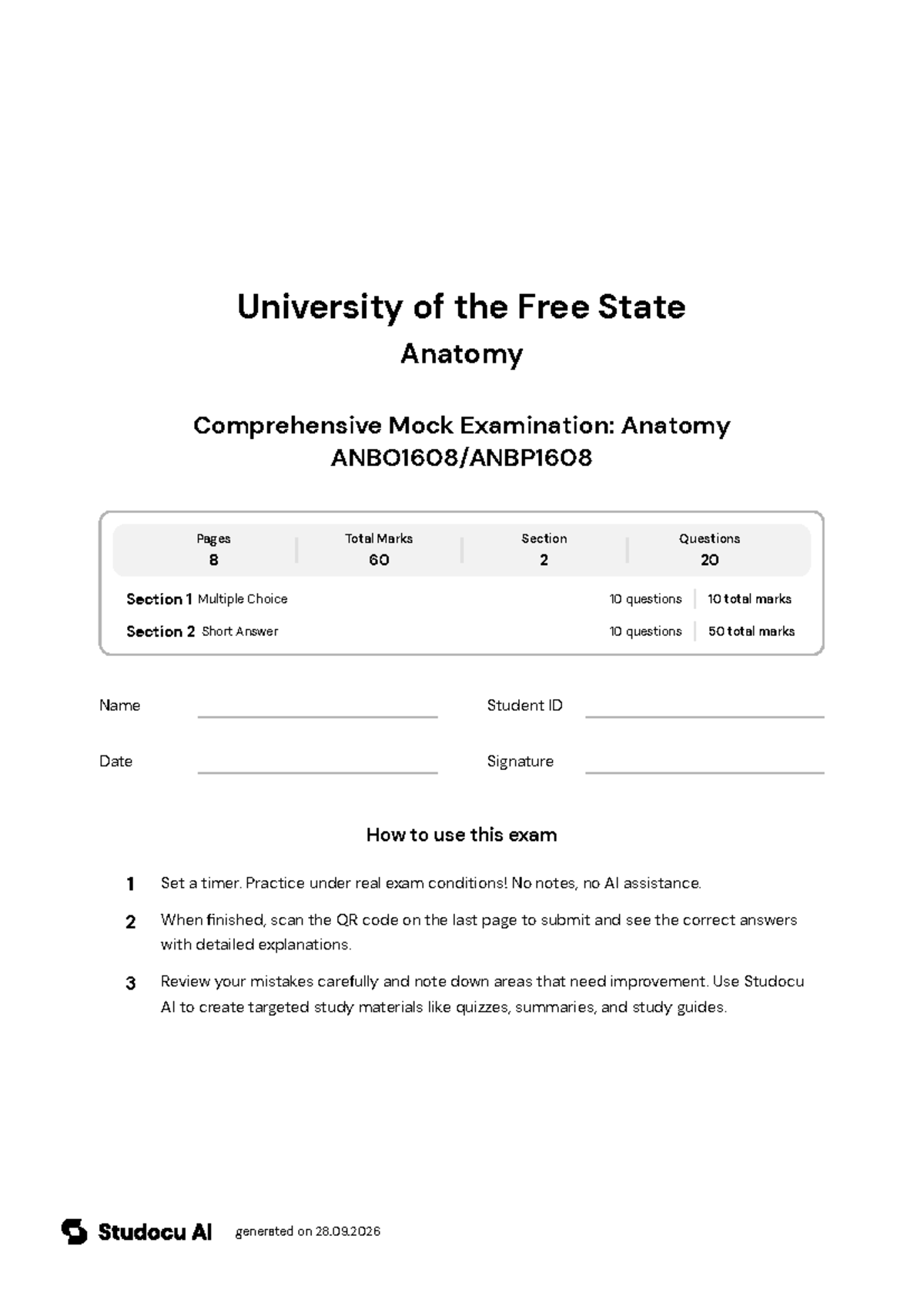 Comprehensive Mock Exam: Anatomy ANBO1608/ANBP1608 - Studocu