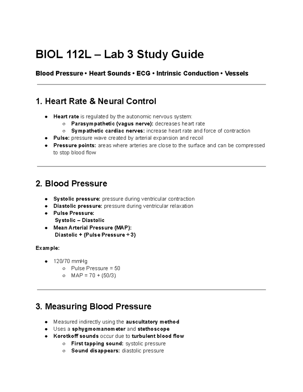 BIOL 112L – Lab 3 Study Guide: Heart and Blood Pressure - Studocu
