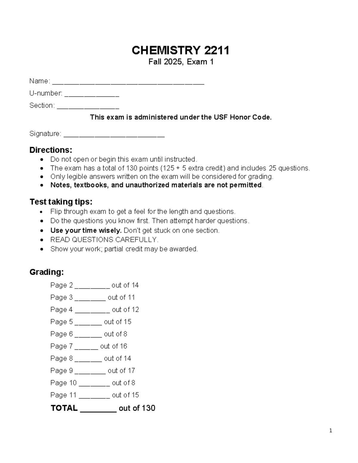 CHEMISTRY 2211 Fall 2025, Old Exam 1 Review Notes - Studocu