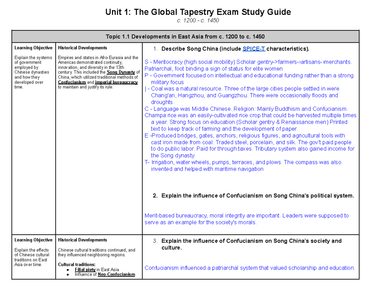 Unit 1 Final Exam Study Guide for AP World History (c. 1200-1450) - Studocu