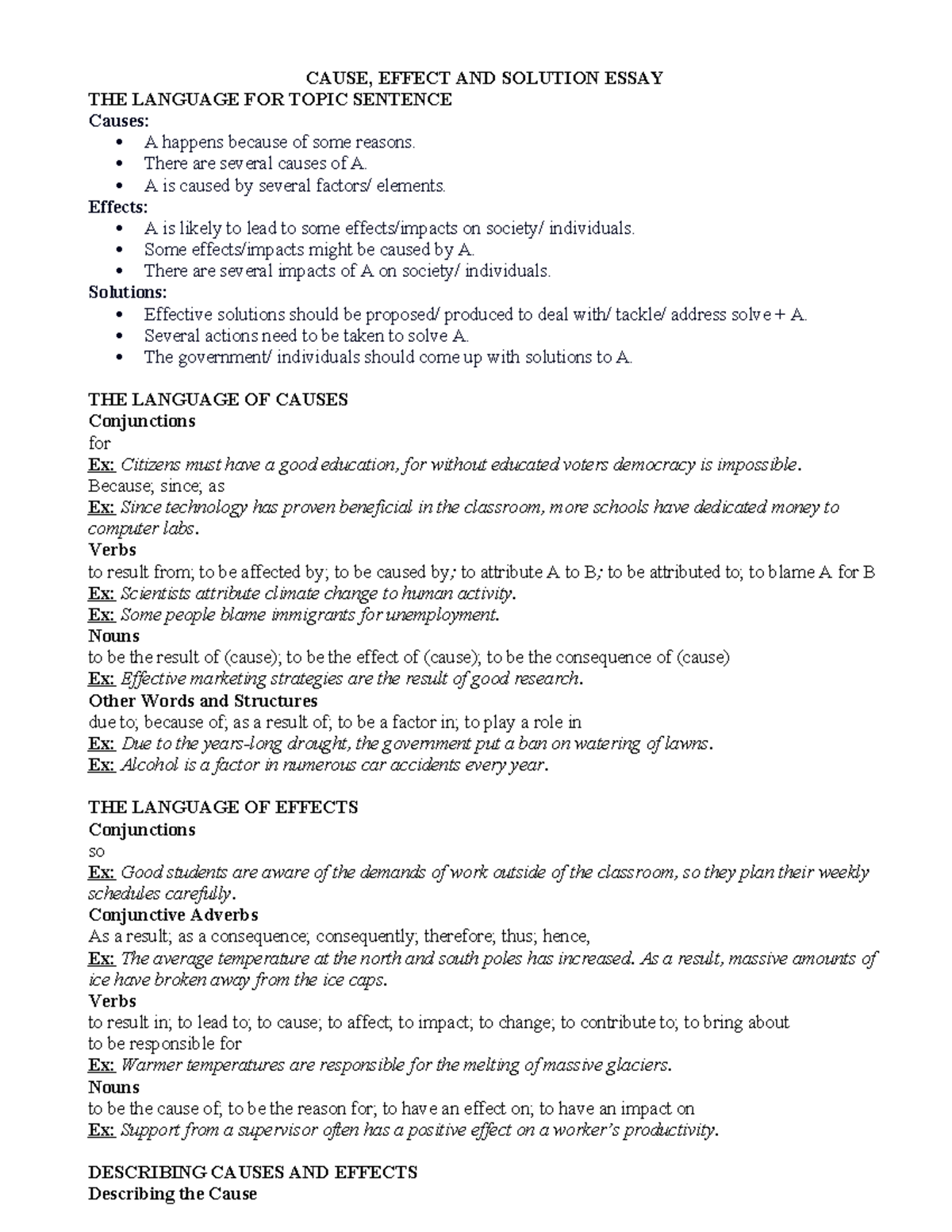 CAUSE, EFFECT & SOLUTION ESSAY: LANGUAGE & STRUCTURES - Studocu