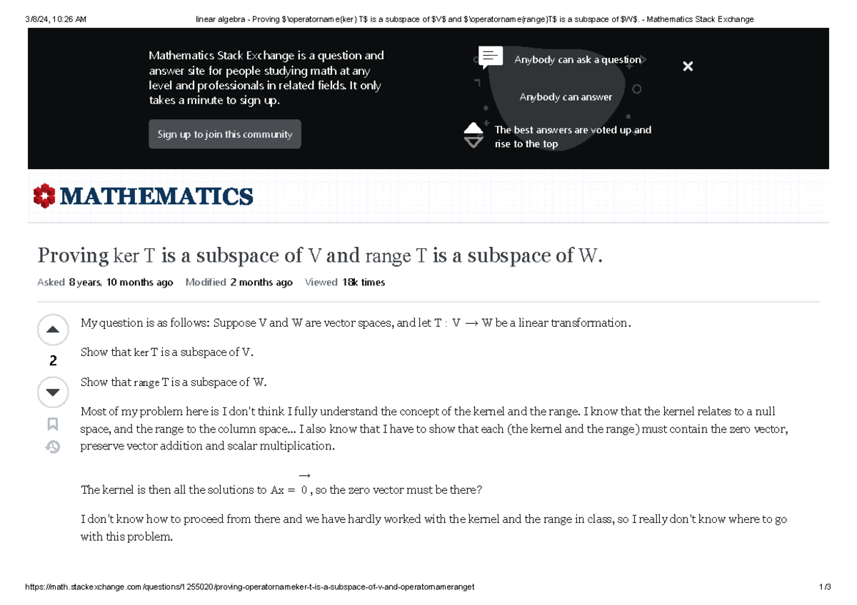 Linear Transformation and Proving Subspace Properties of $\operatorname ...