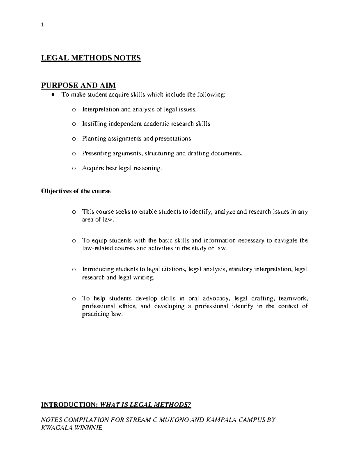 Legal Methods Notes Compilation for LAW 101: Mukono & Kampala Campus ...