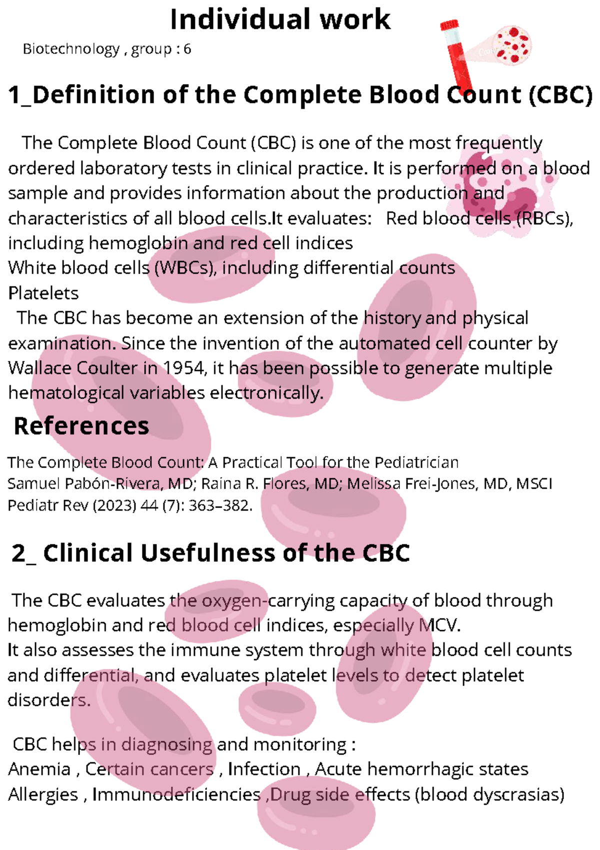 Biotechnology Group 6: CBC - Complete Blood Count Overview - Studocu