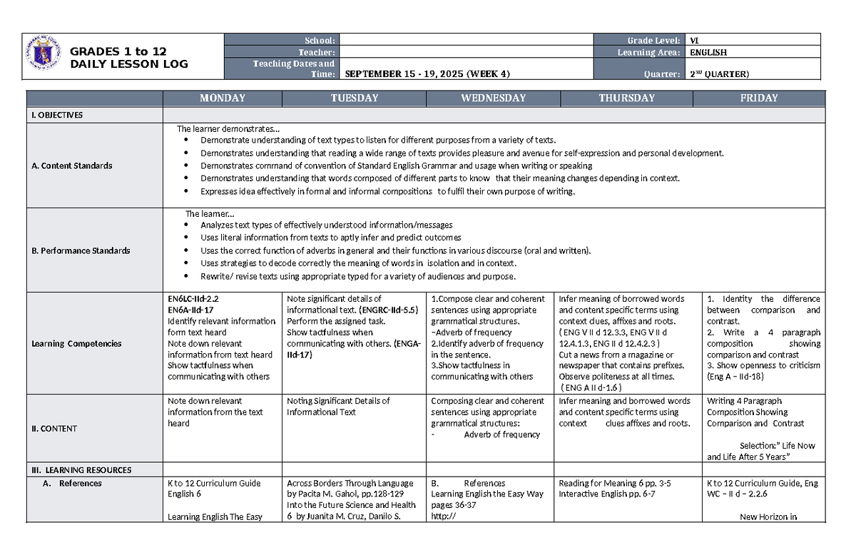 DLL English 6 Q2 W4 - Daily Lesson Log for September 15-19, 2025 - Studocu
