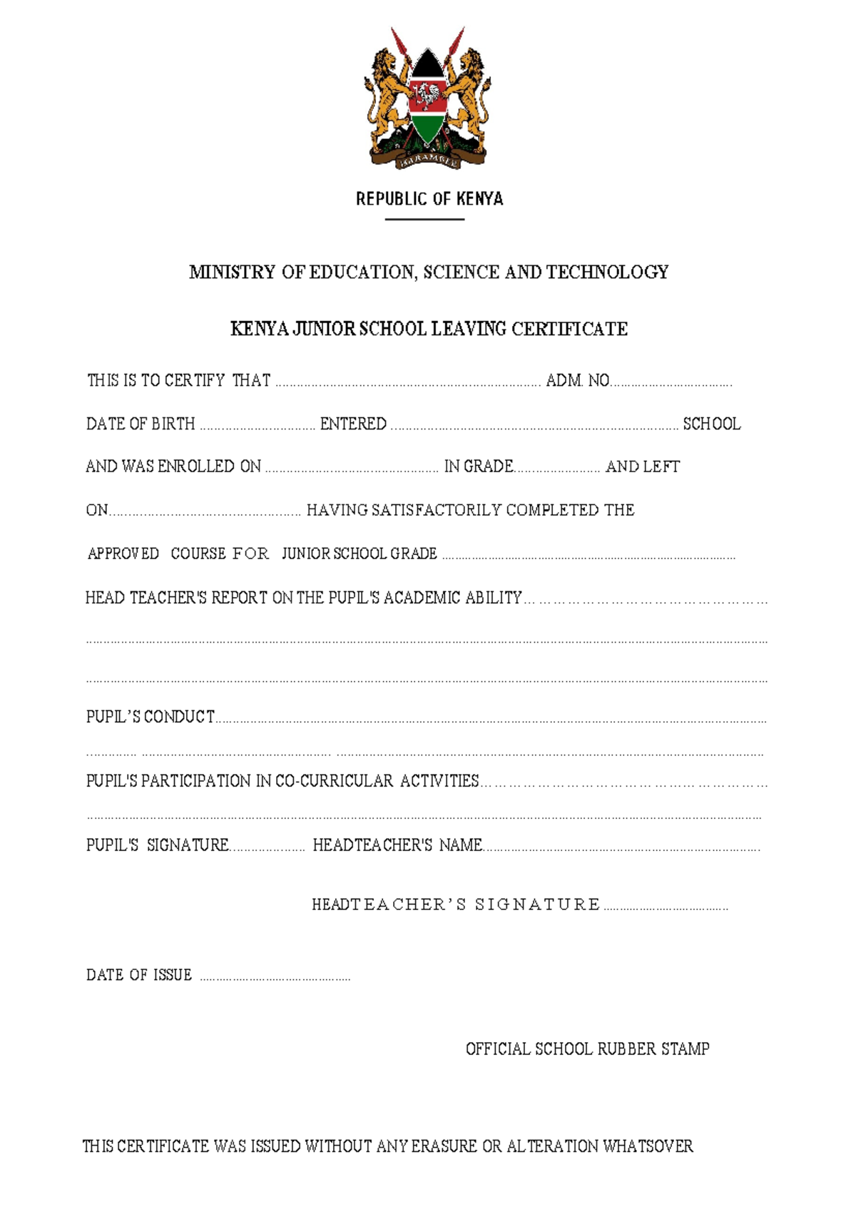 Kenya Primary School Leaving Certificate Official Document Studocu
