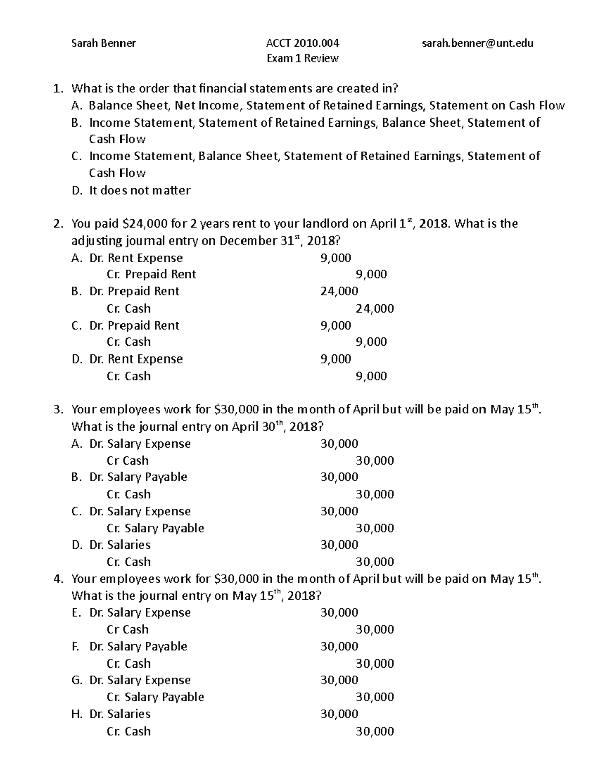 ACC 101 Exam 1 Review: Key Concepts and Journal Entries - Studocu