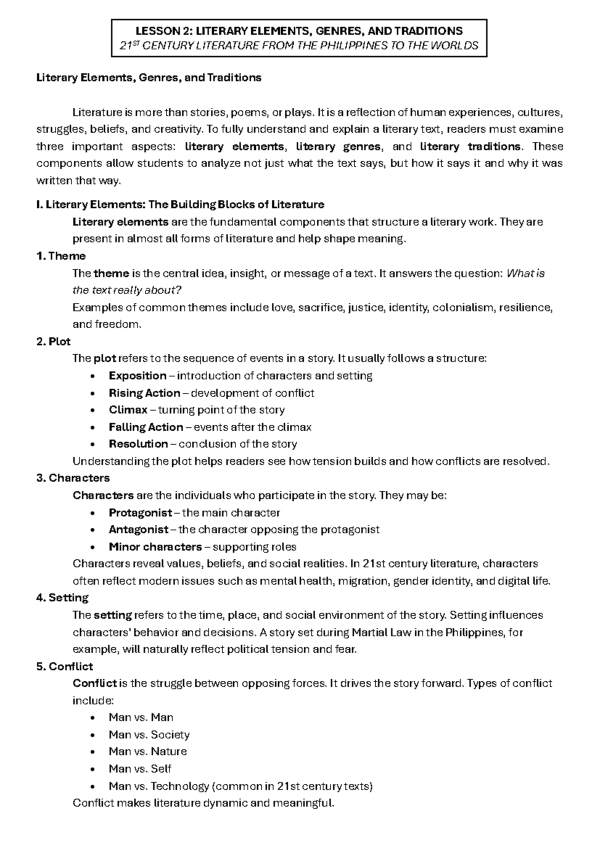 LESSON 2: LITERARY ELEMENTS, GENRES, AND TRADITIONS IN 21ST CENTURY ...