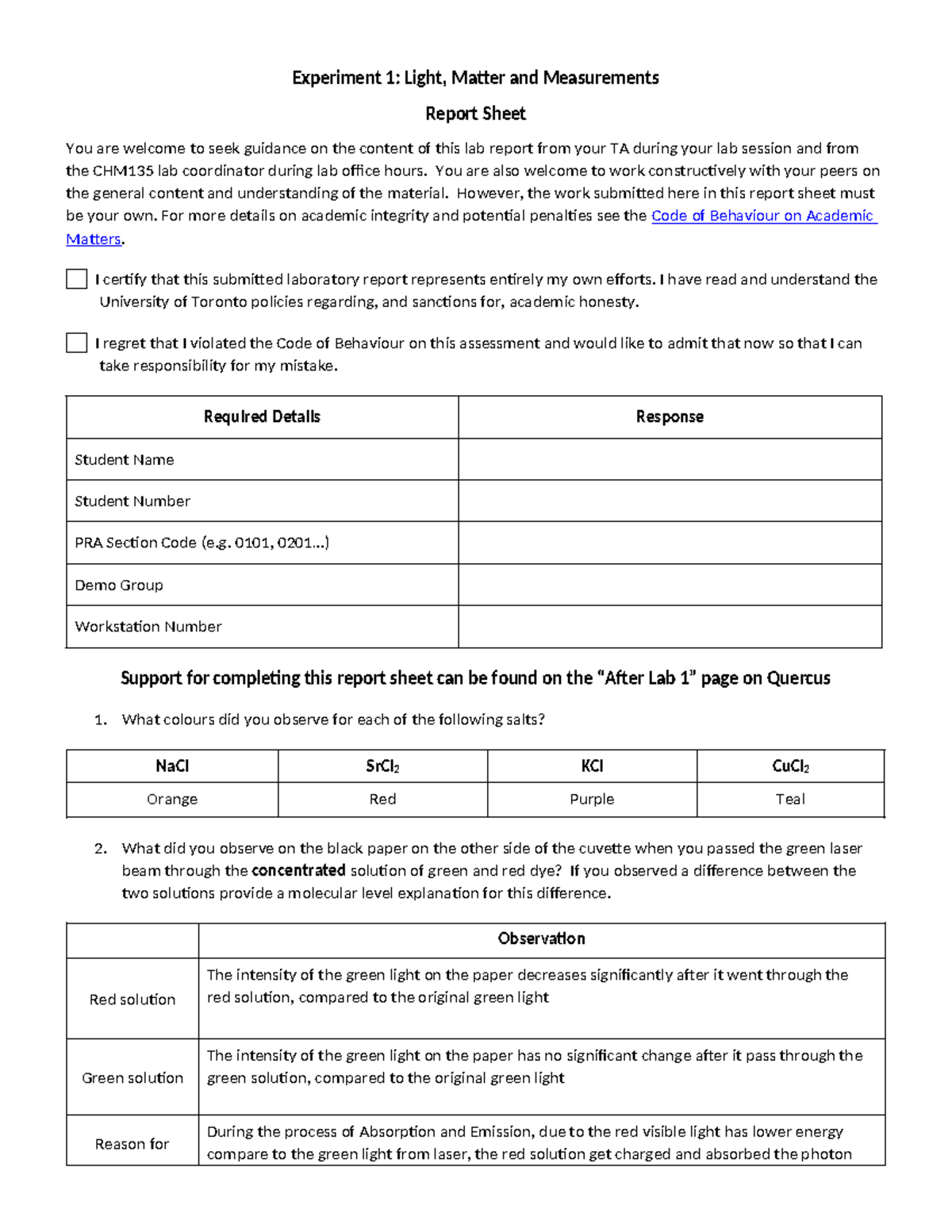 CHM135 Lab 1: Light, Matter & Measurements Report Sheet - Studocu