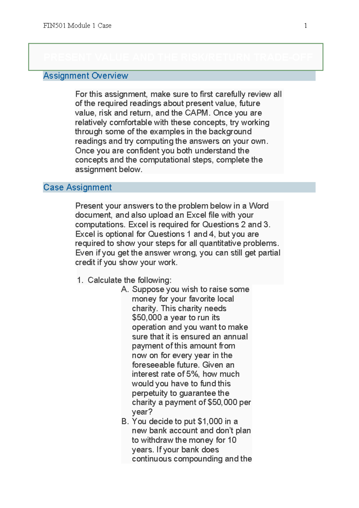 FIN501 Module 1 Case Study: Present Value, Risk, and Return Analysis ...
