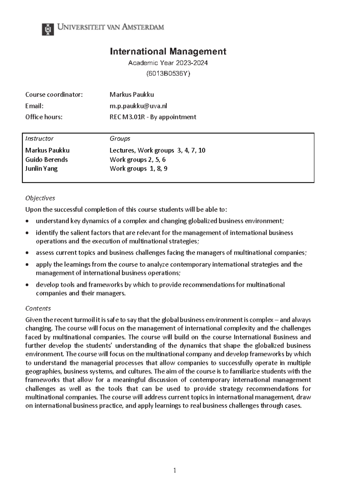 International Management (6013B0536Y) - Course Outline & Objectives ...