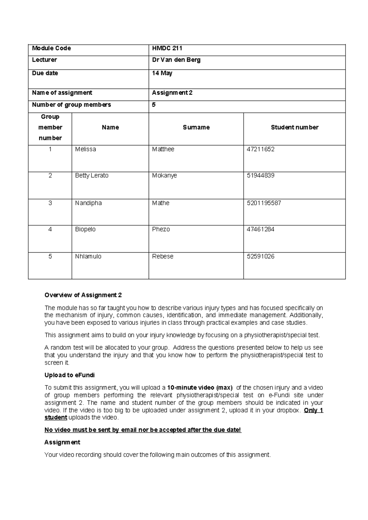 HMDC 211 Assignment 2: Injury Presentation & Test Video Guidelines ...
