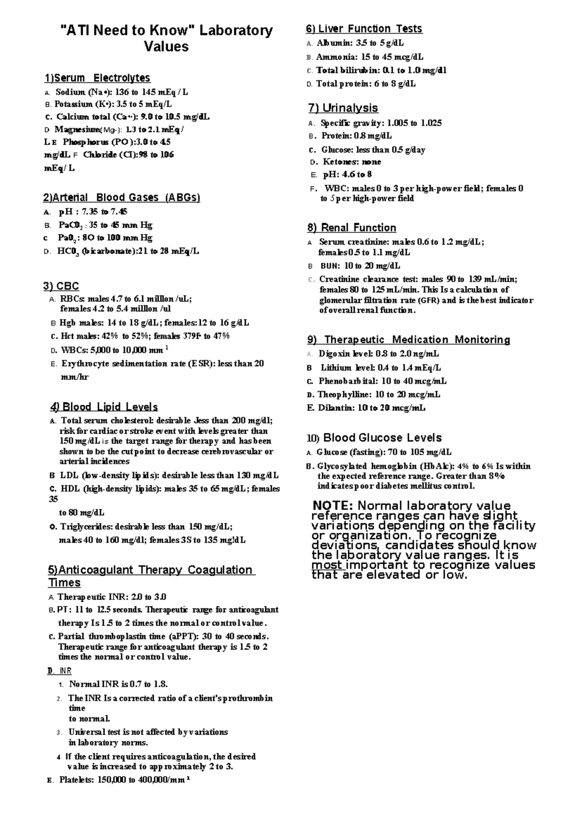ATI Lab Values - 