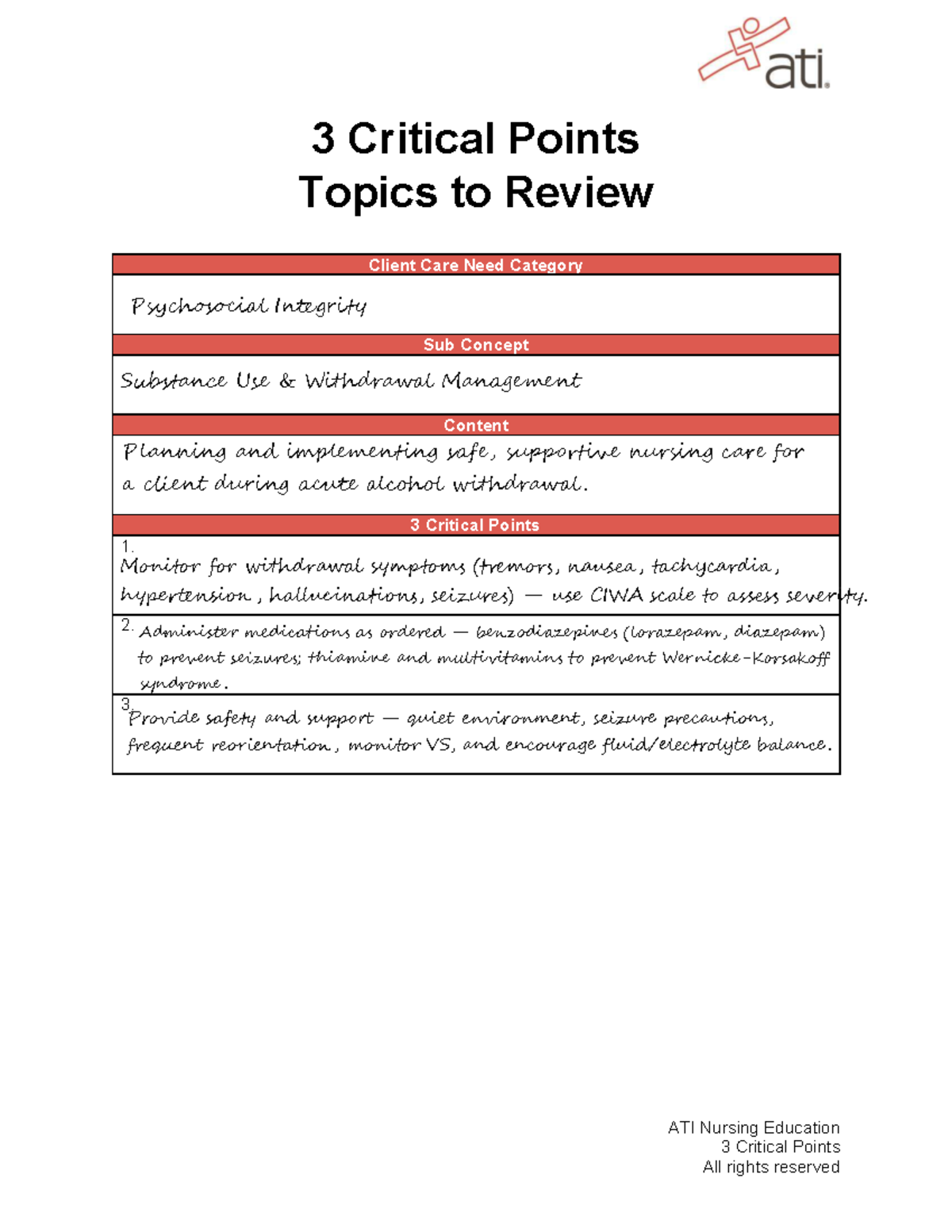 3 Critical Points Worksheet for Client Care Needs in Nursing (ATI ...
