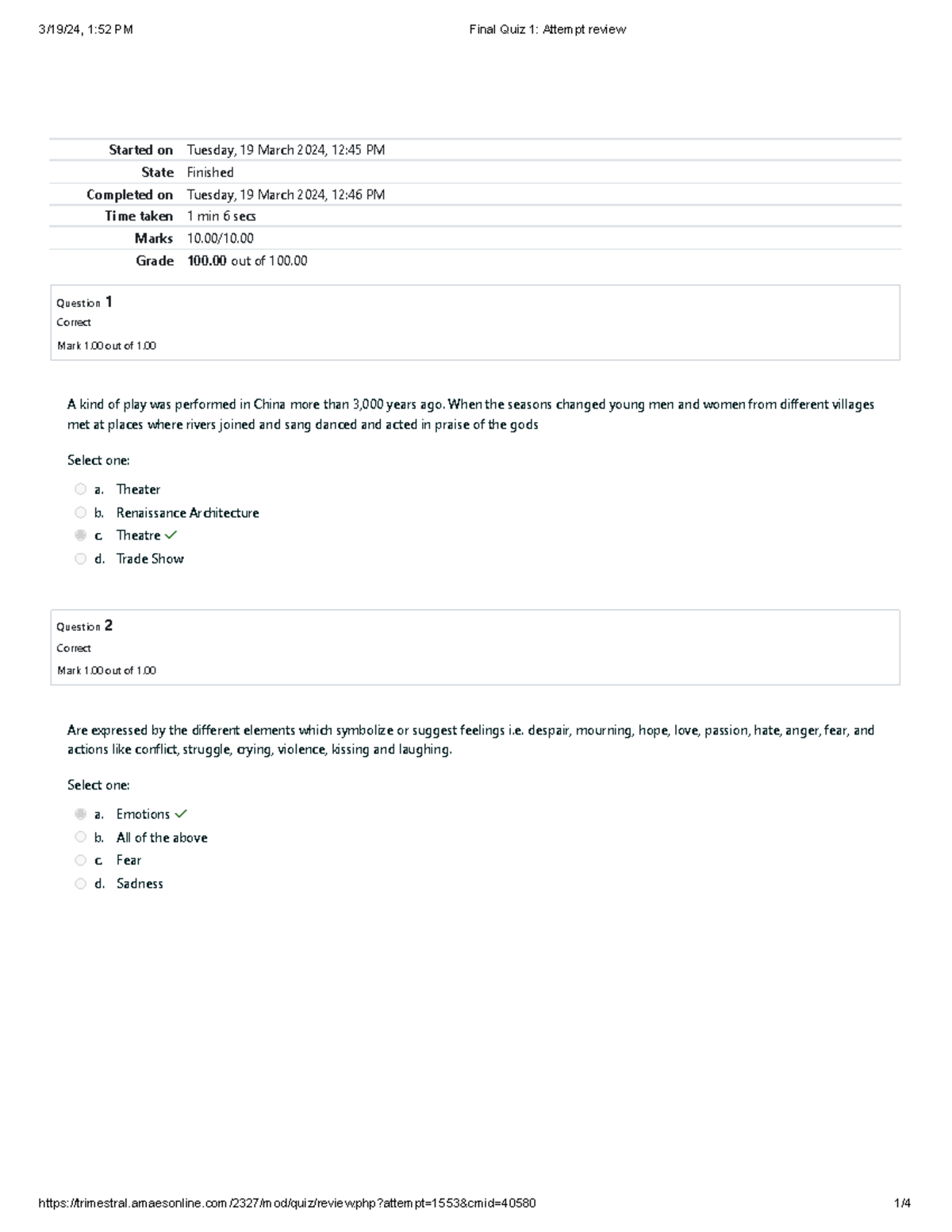 Final Quiz 1 Attempt review - Started on Tuesday, 19 March 2024, 12:45 ...