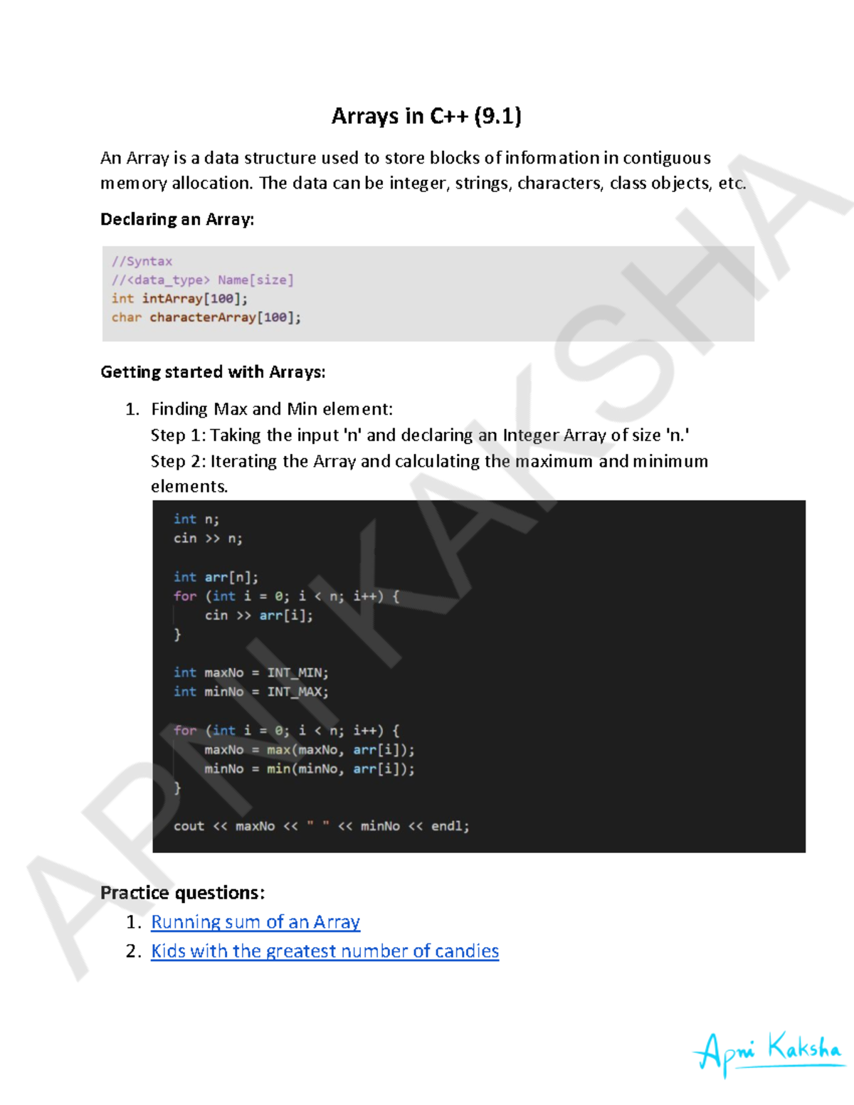 9.1 Arrays - Aggash in CÛÛ ¥Ê Â¦ An Array is a data structure used to ...