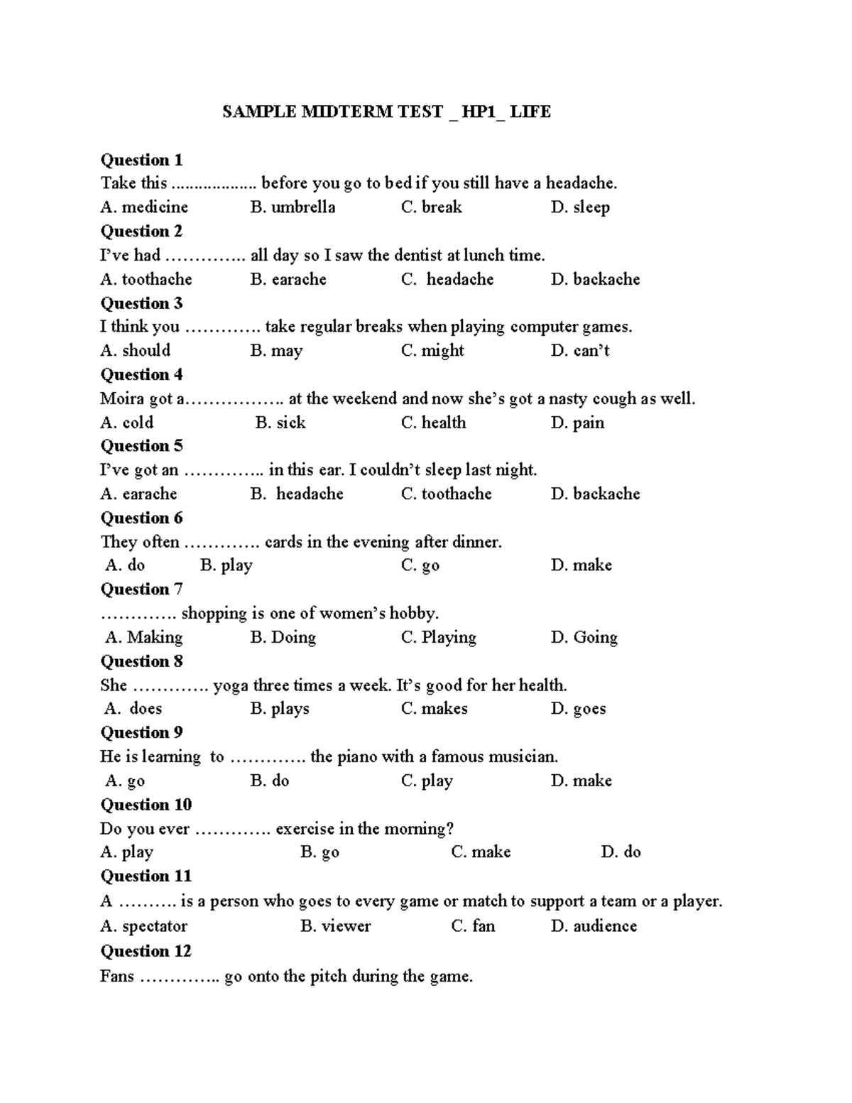 Midterm Test - HP1: Life Skills & Health Questions - Studocu