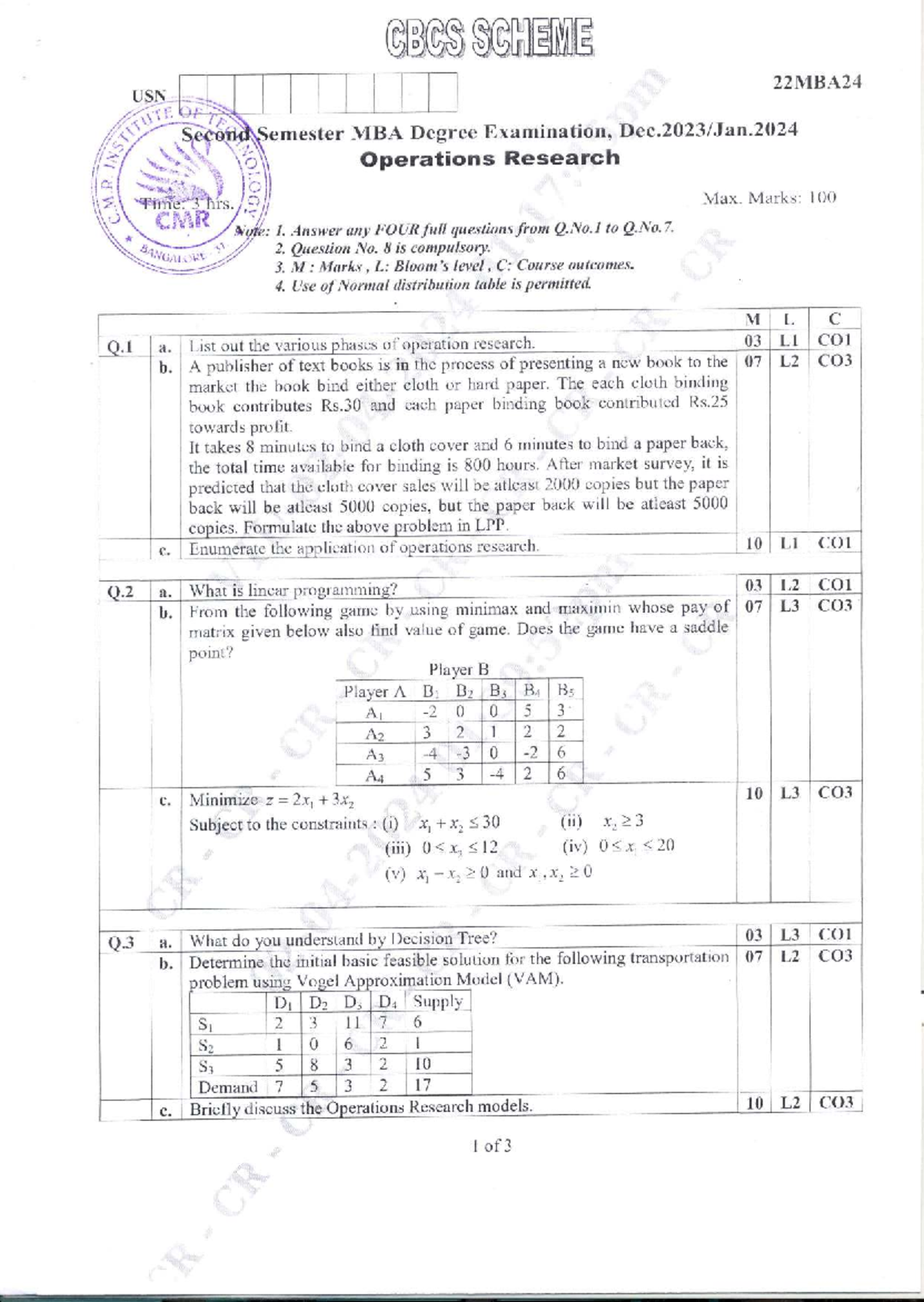 VTU Question Paper: 22MBA24 Operations Research Jan-Feb 2024 - Studocu