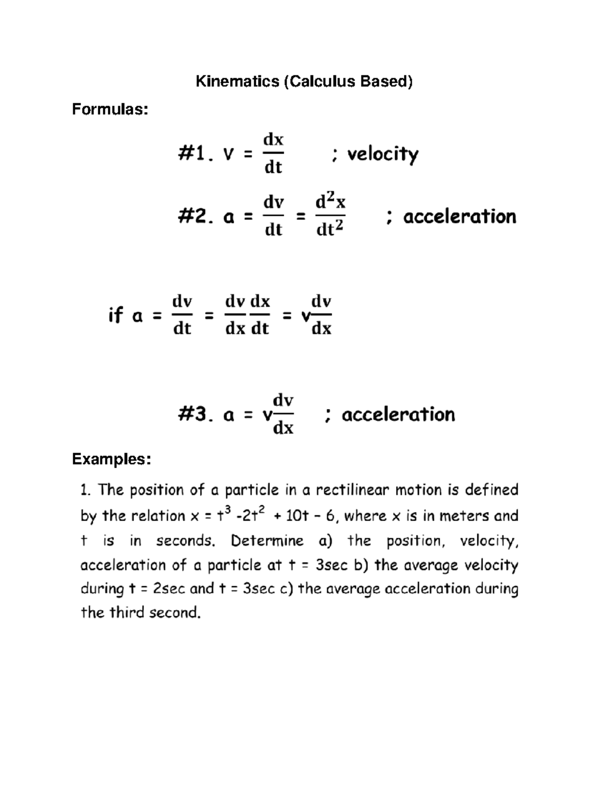 PHYS 101: Kinematics Formulas & Examples Notes for Engineers - Studocu