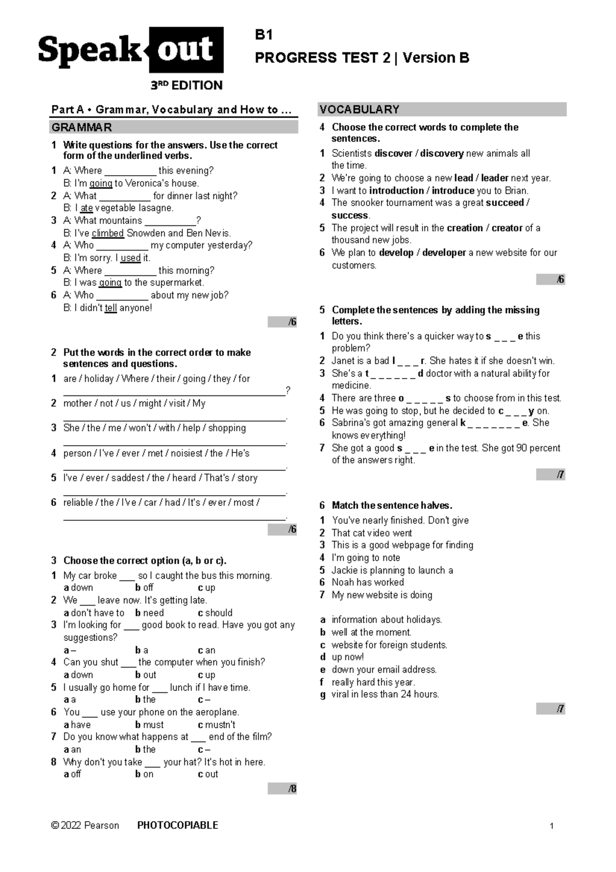 Speakout 3rd Edition Progress Test 2 - Version B Answers - Studocu