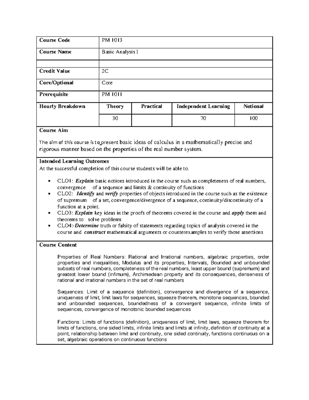 PM 1013 Course Plan: Basic Analysis I Overview and Details - Studocu