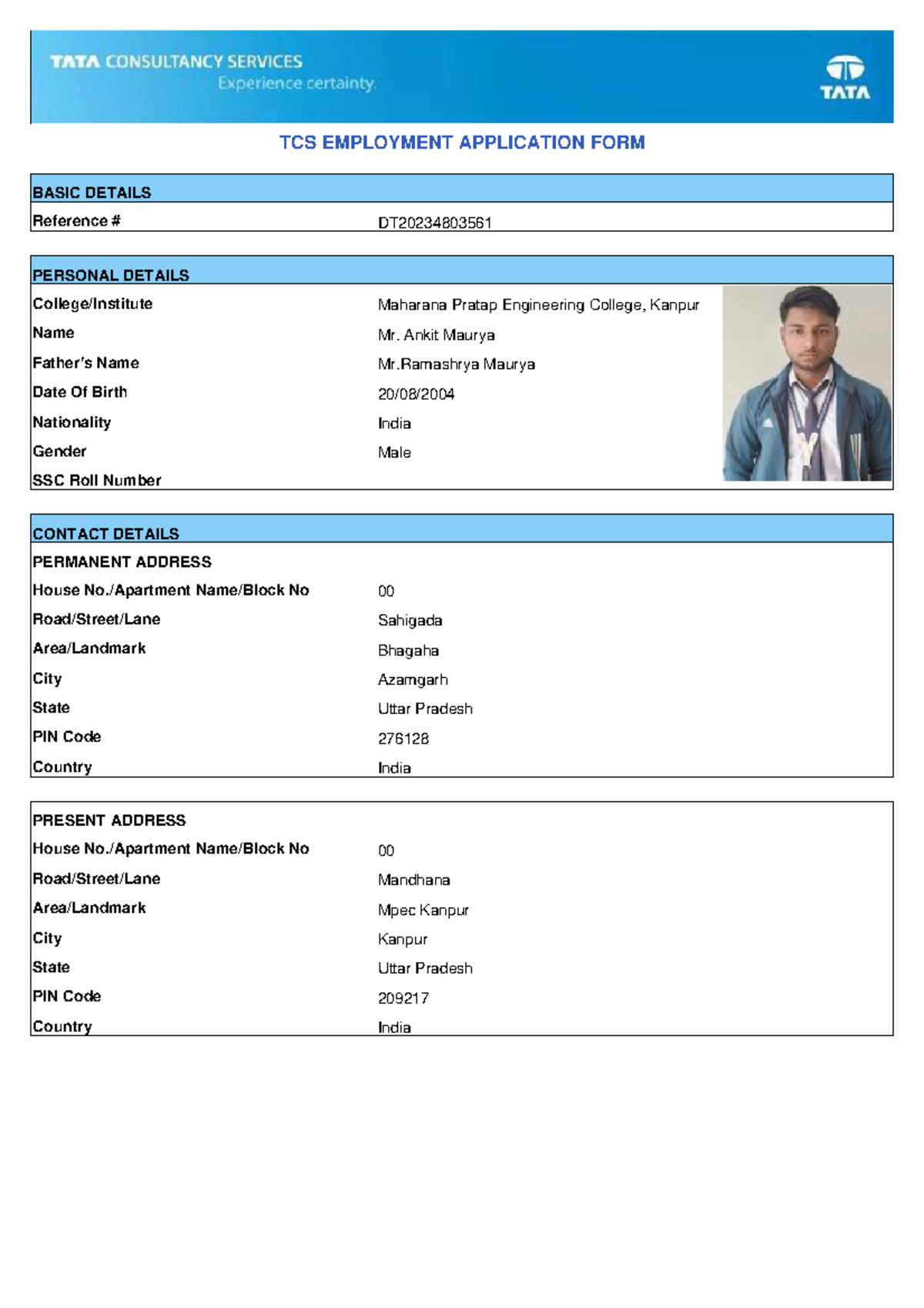 DT20234803561 Application - TCS EMPLOYMENT APPLICATION FORM BASIC ...