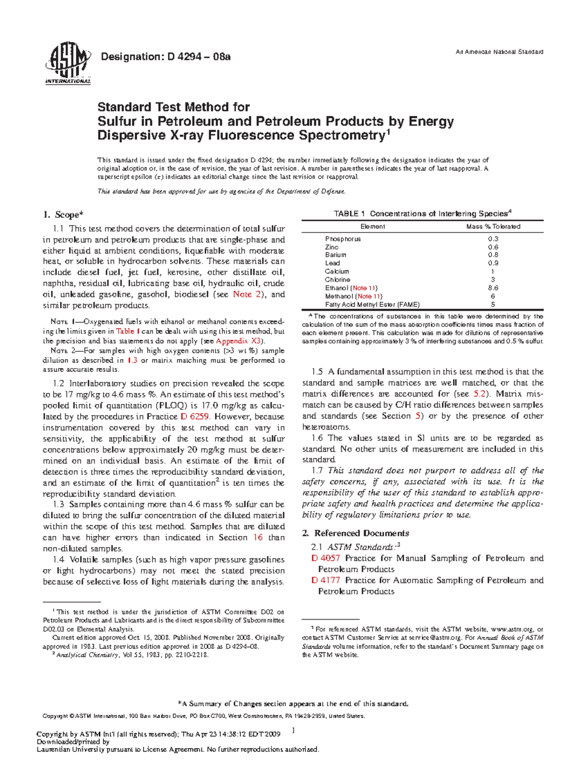 D4294 - ASTM D 4294 - Test Method for Sulfur in Petroleum Products ...
