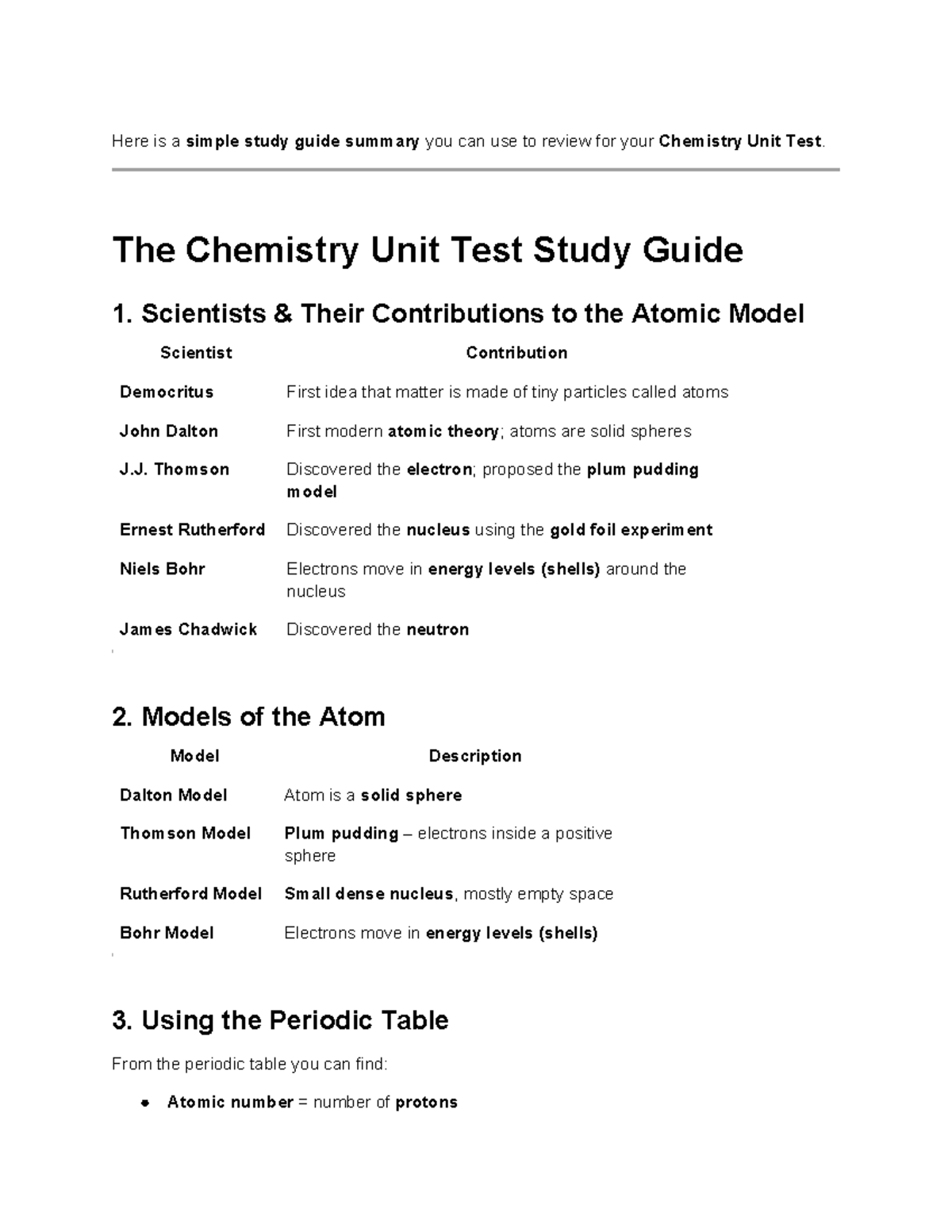 Chemistry Unit Test Study Guide: Key Concepts & Models - Studocu