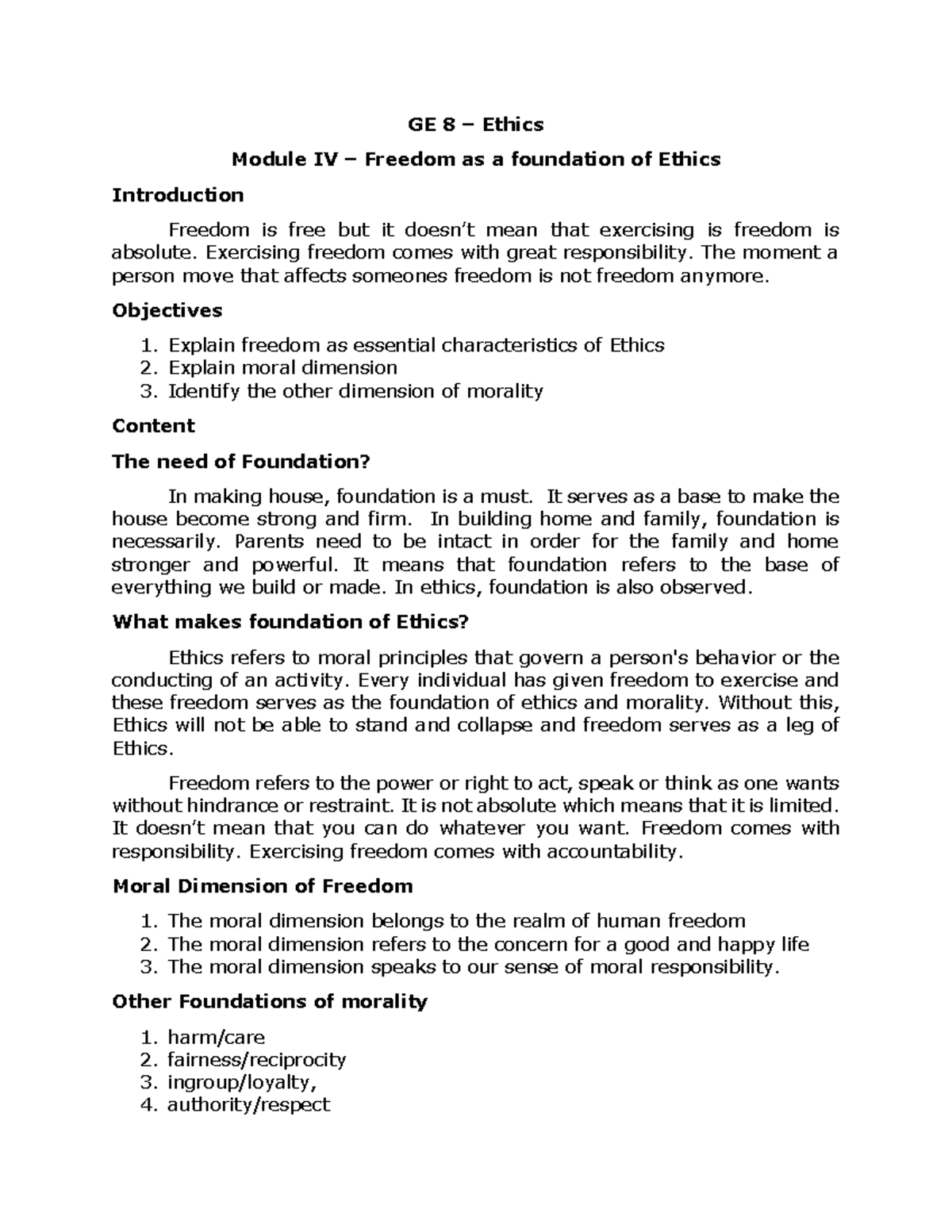 Ethics GE 8 - Module IV: Freedom as Foundation of Morality - Studocu