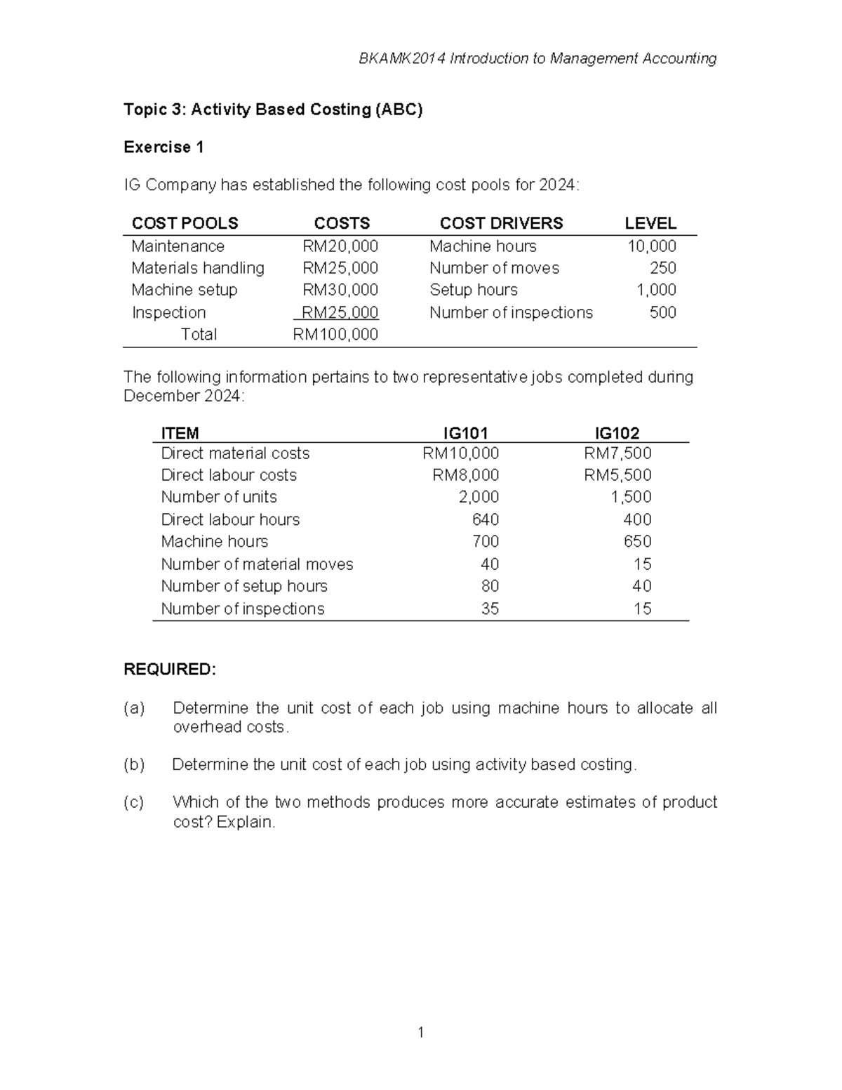 BKAMK2014 Management Accounting: Activity Based Costing Exercises - Studocu