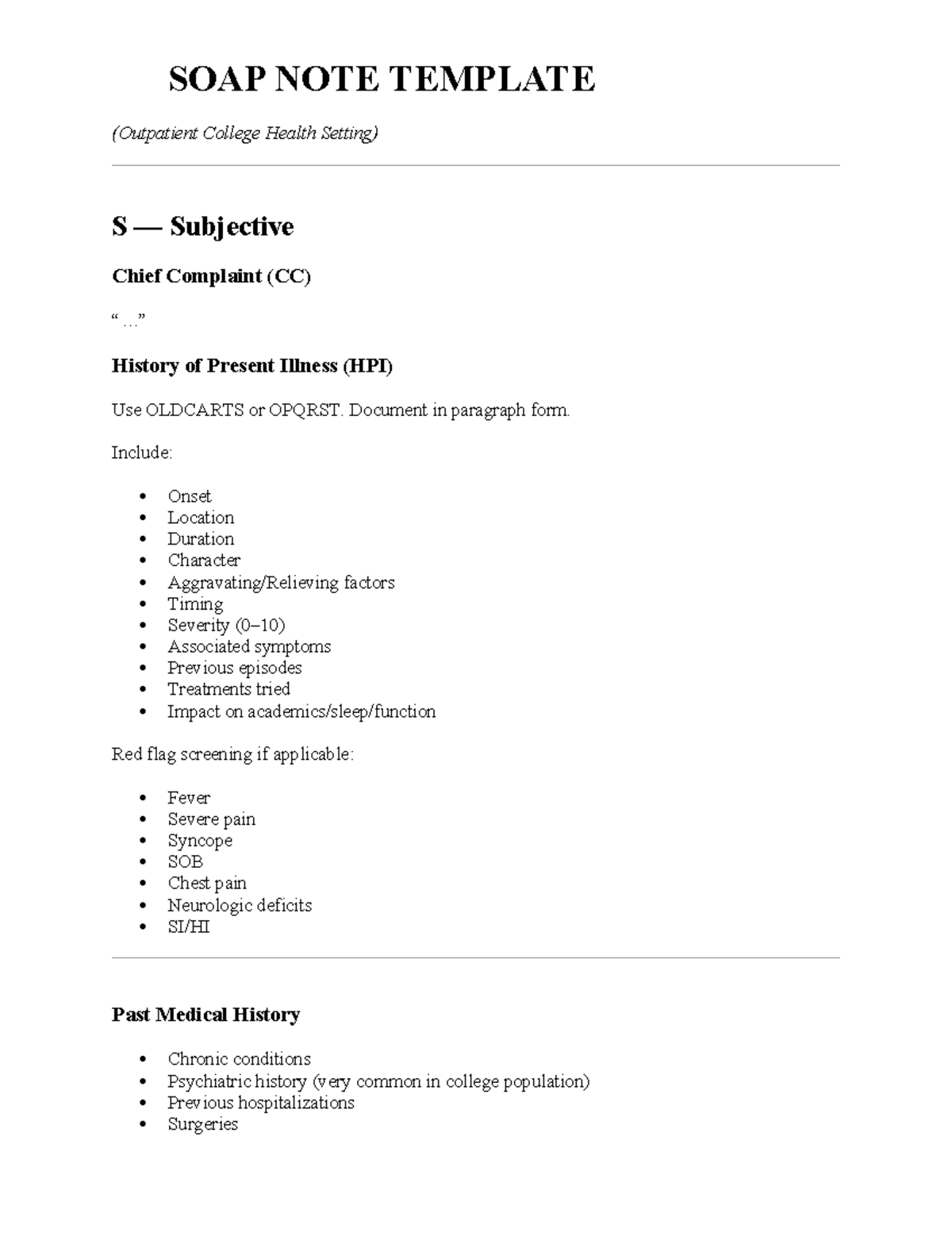 SOAP Note Template for Outpatient College Health Setting - Studocu