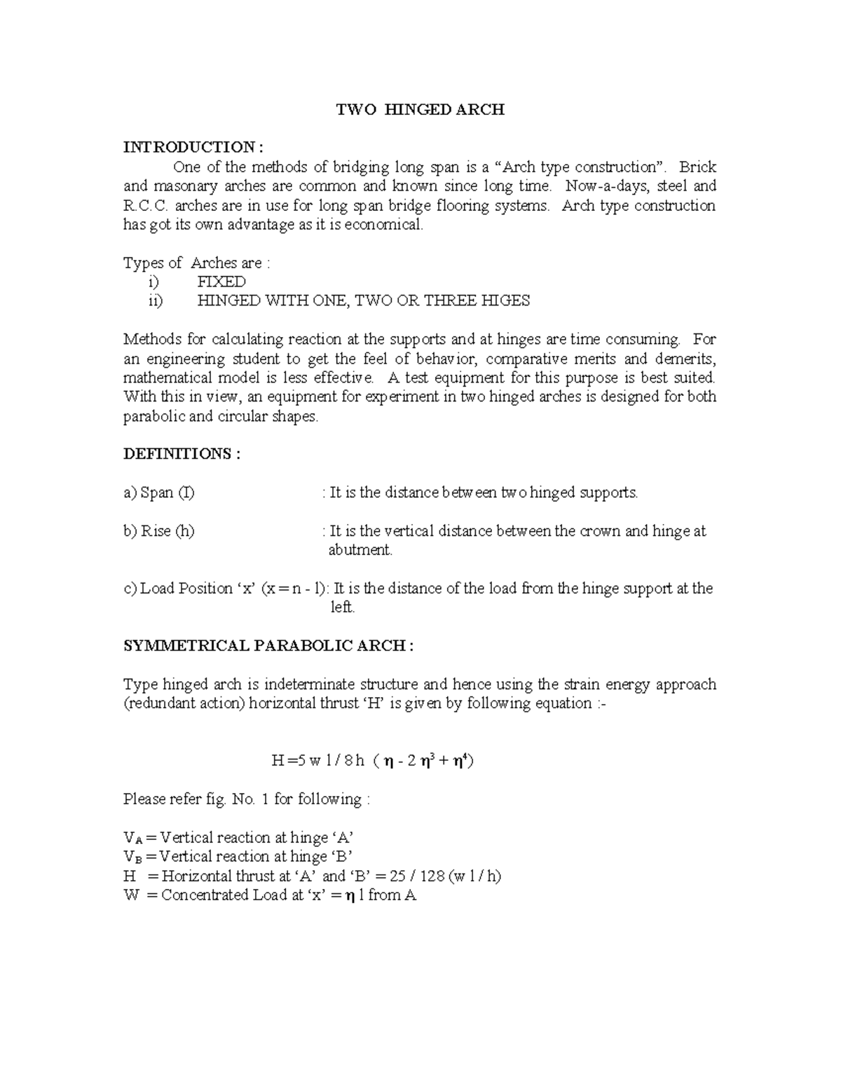 Two Hinged Arch Experiment: Structure Lab Manual (ENG 101) - Studocu