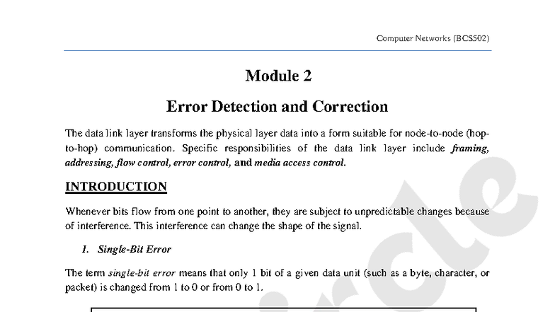 Computer Networks (BCS502) Module 2: Error Detection & Correction Notes ...