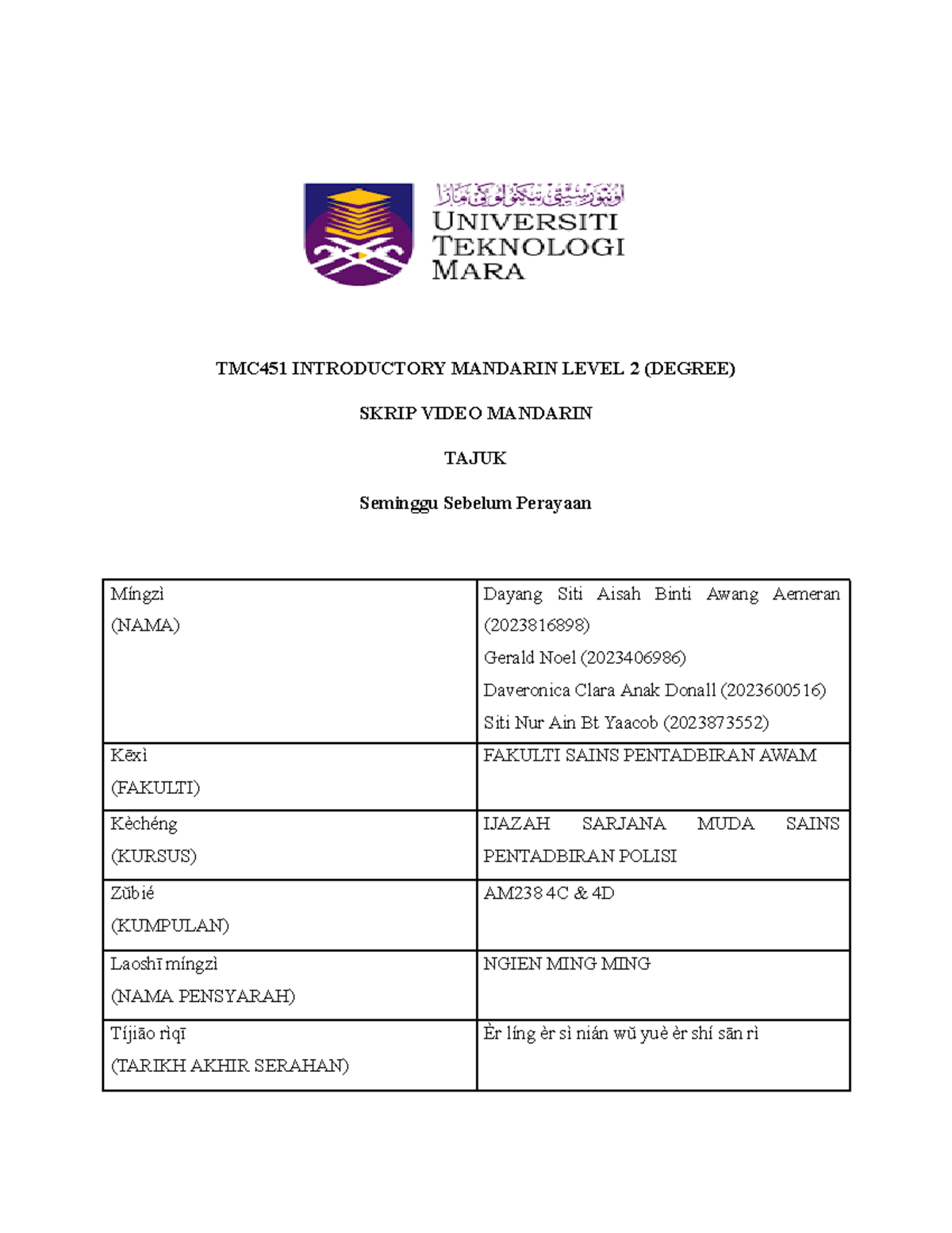TMC451 Final Exam Script for Introductory Mandarin Level 2 - Studocu