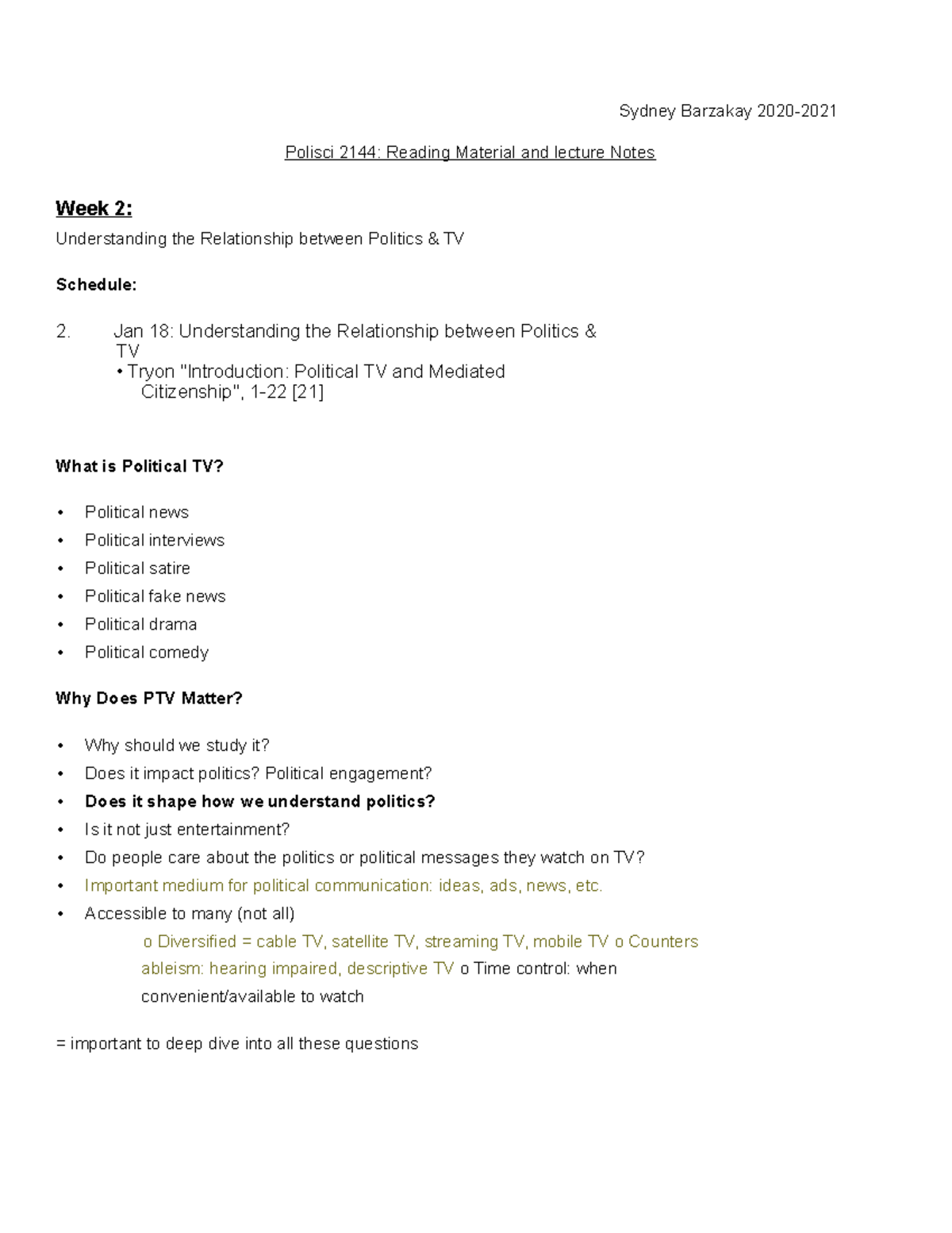 Polisci 2144: Year Notes on Politicotainment and Political TV - Studocu