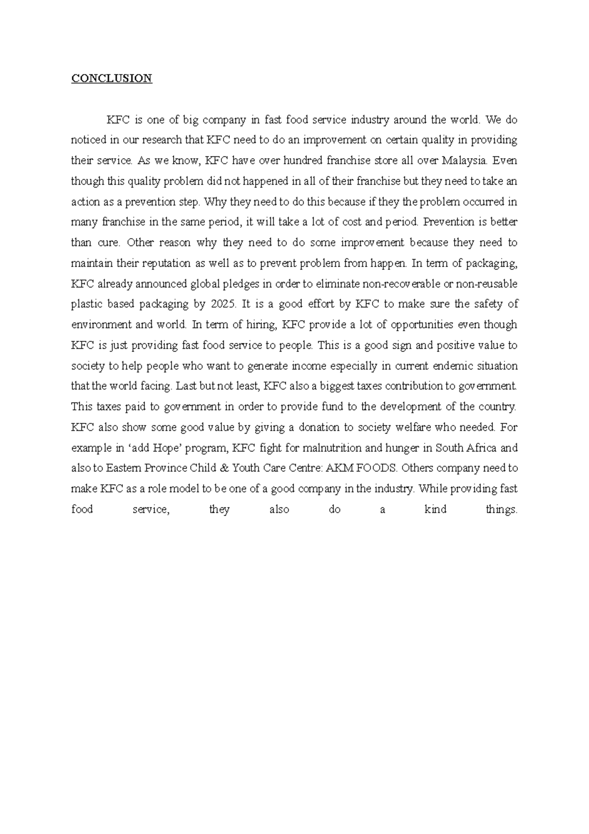 KFC Improvement Recommendations: Conclusion for Assignment - Studocu