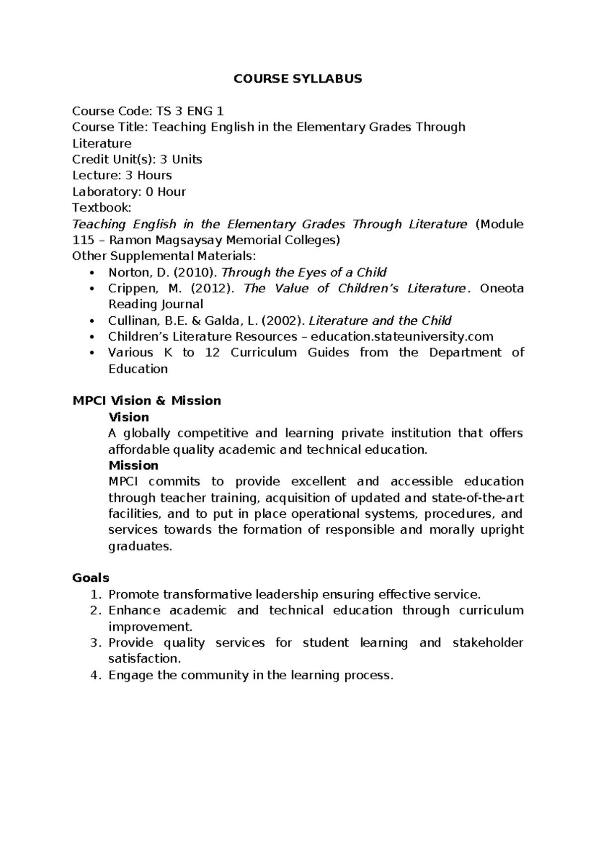 Syllabus for TS 3 ENG 1: Teaching English in Elementary Grades Through ...