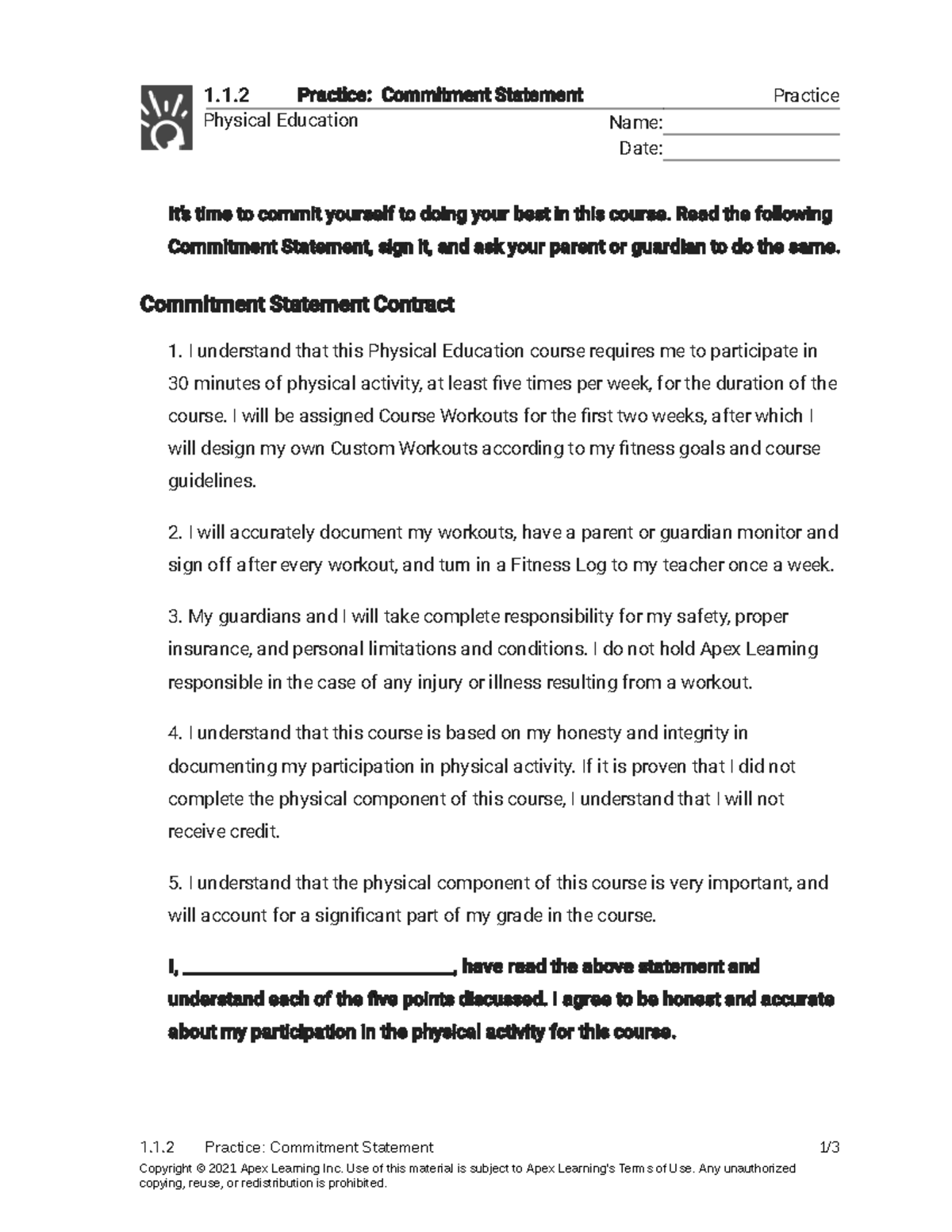 PE 101 - Practice Commitment Statement for Physical Education Course ...