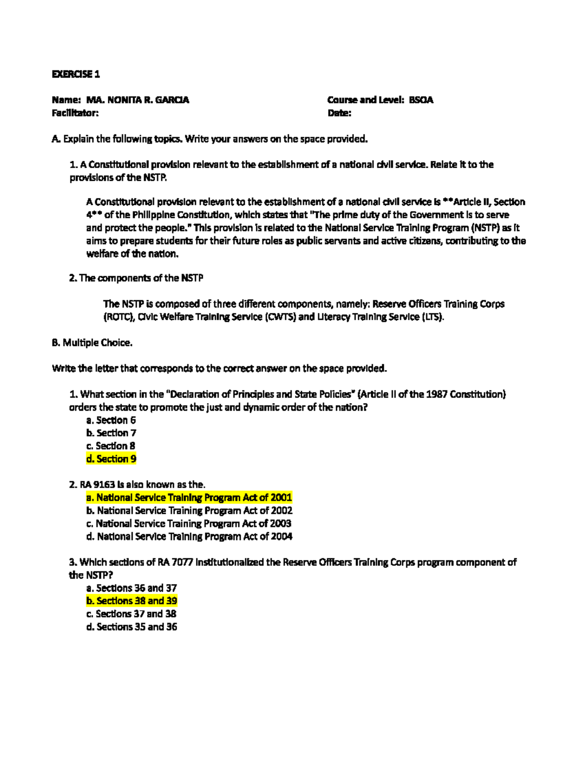 NSTP 2 Exercise Responses by MA. Nonita R. Garcia - Studocu