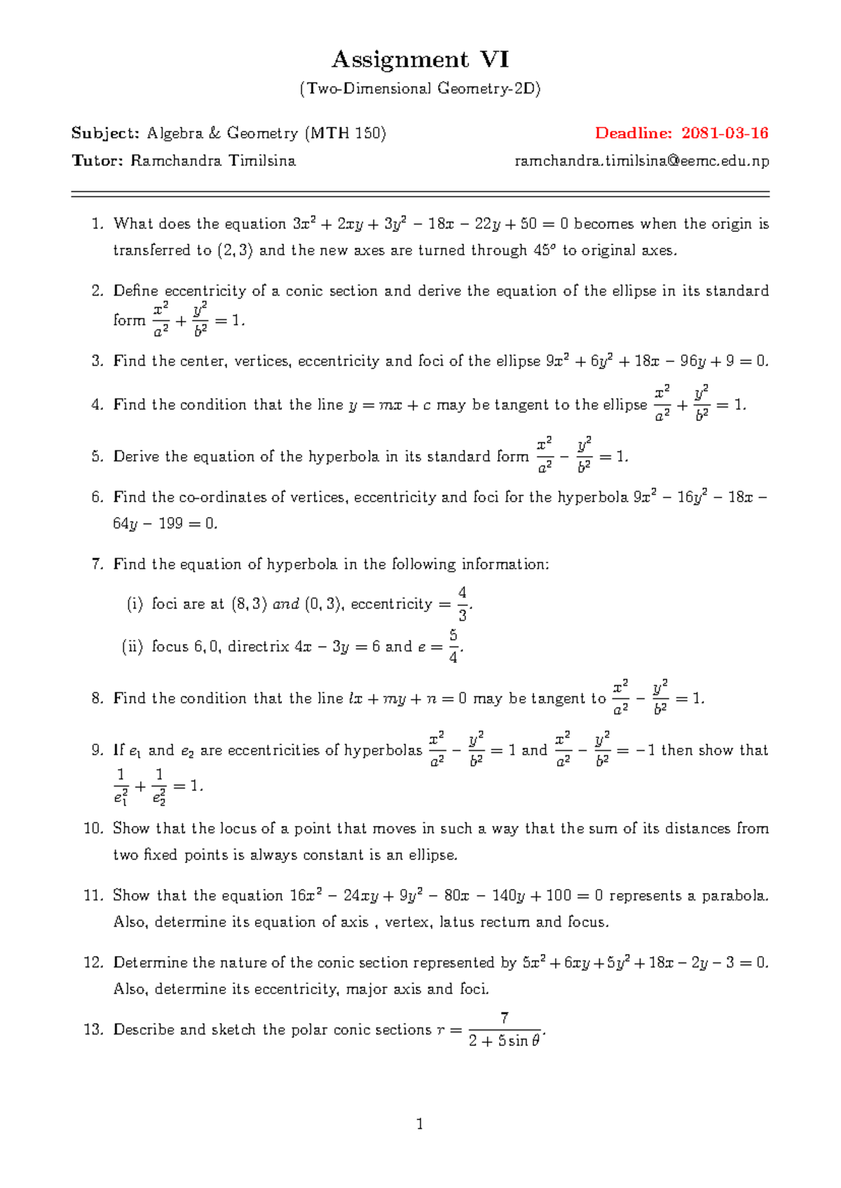 All question related to maths - Assignment VI (Two-Dimensional Geometry ...