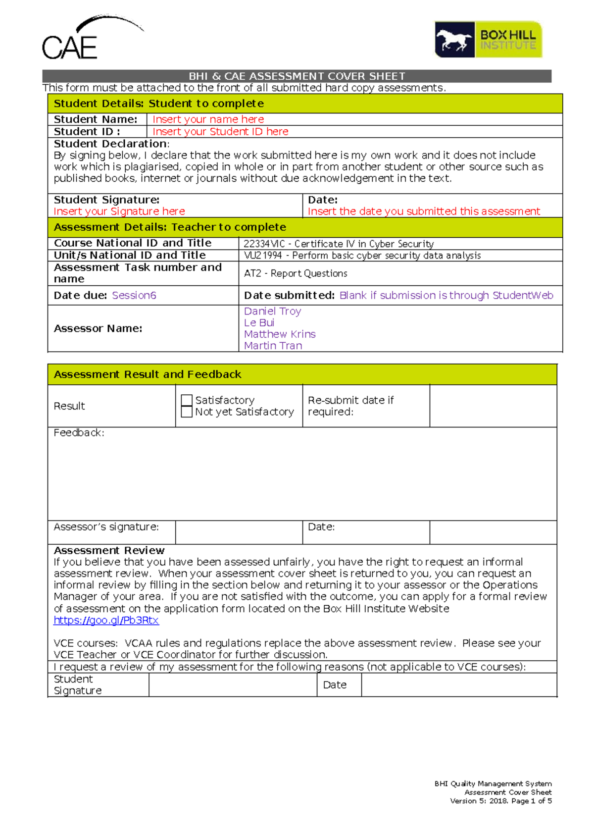 AT2 - Report Questions v4 - BHI & CAE ASSESSMENT COVER SHEET This form ...