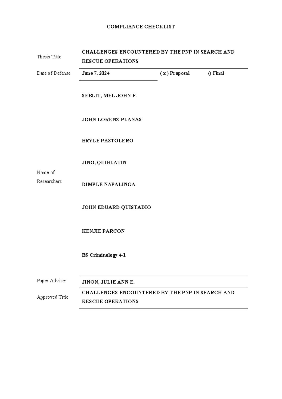 COMPLIANCE CHECKLIST: PNP Search & Rescue Challenges (BS Crim 4) - Studocu