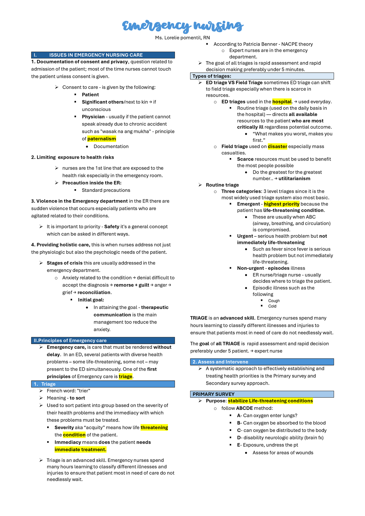 ERDN - Issues and Management in Emergency Nursing Care - Studocu
