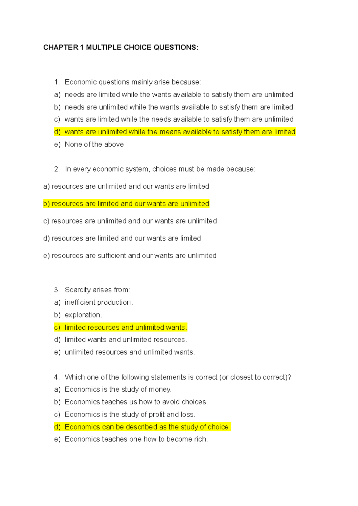 ECON 101: Chapter 1 Multiple Choice Questions Review - Studocu