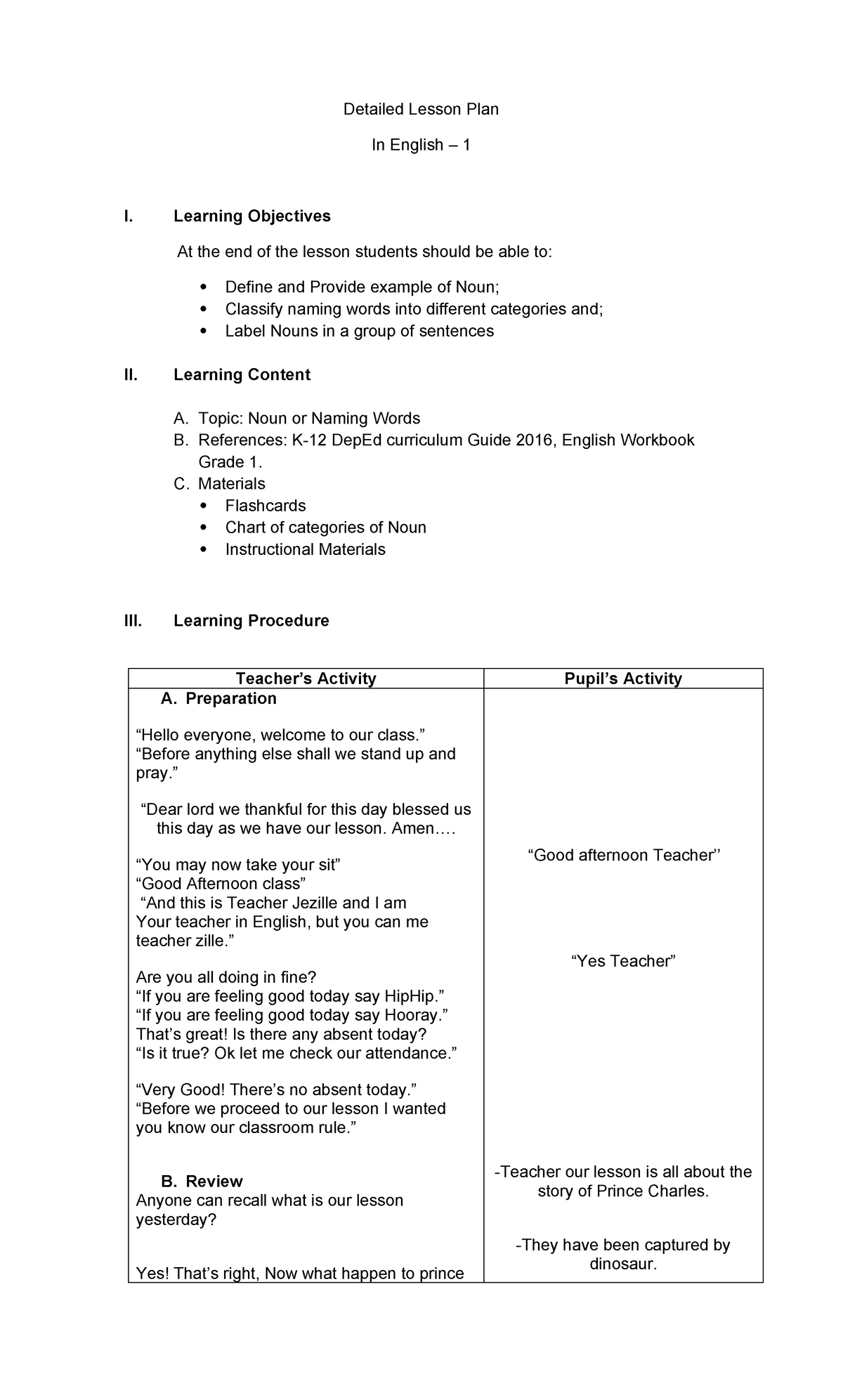 Grade 1 English Lesson Plan: Understanding Nouns and Their Types - Studocu