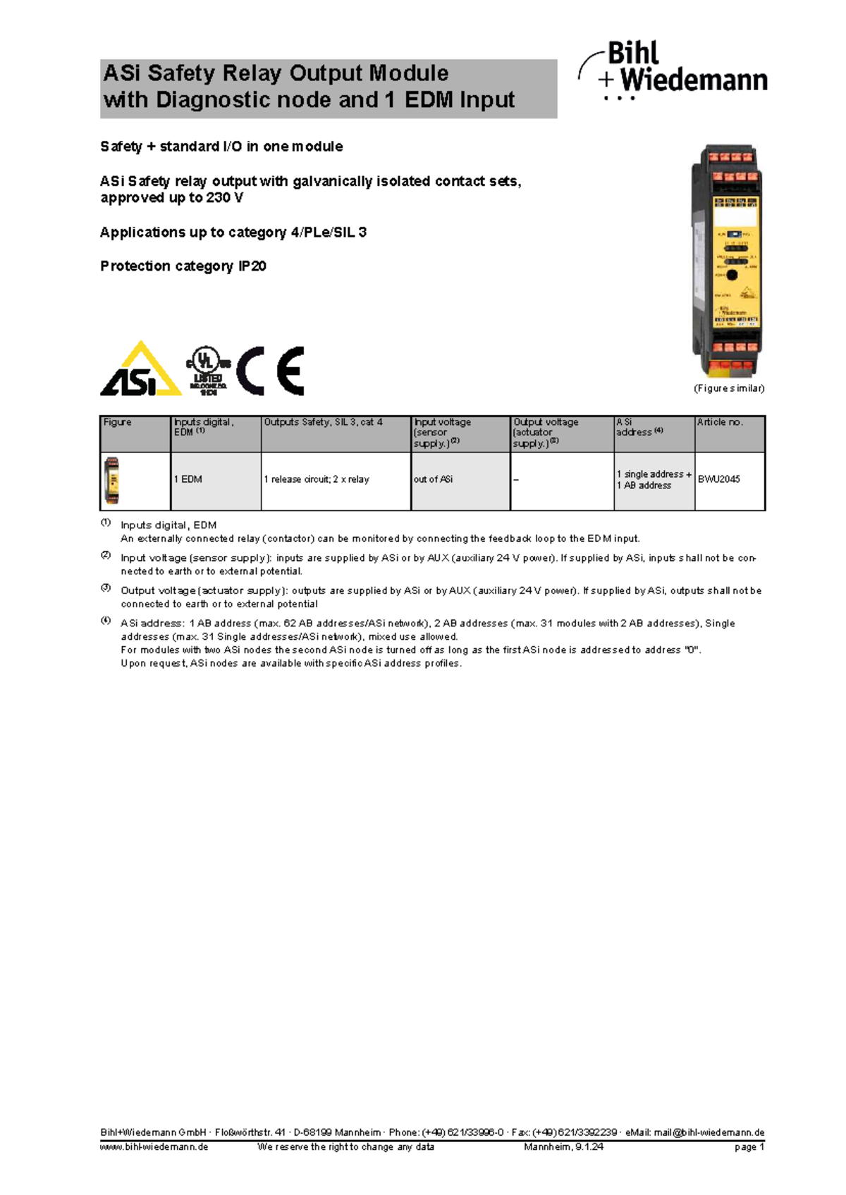 ASi Safety Relay Output Module BWU2045: Diagnostic Node & EDM Input ...