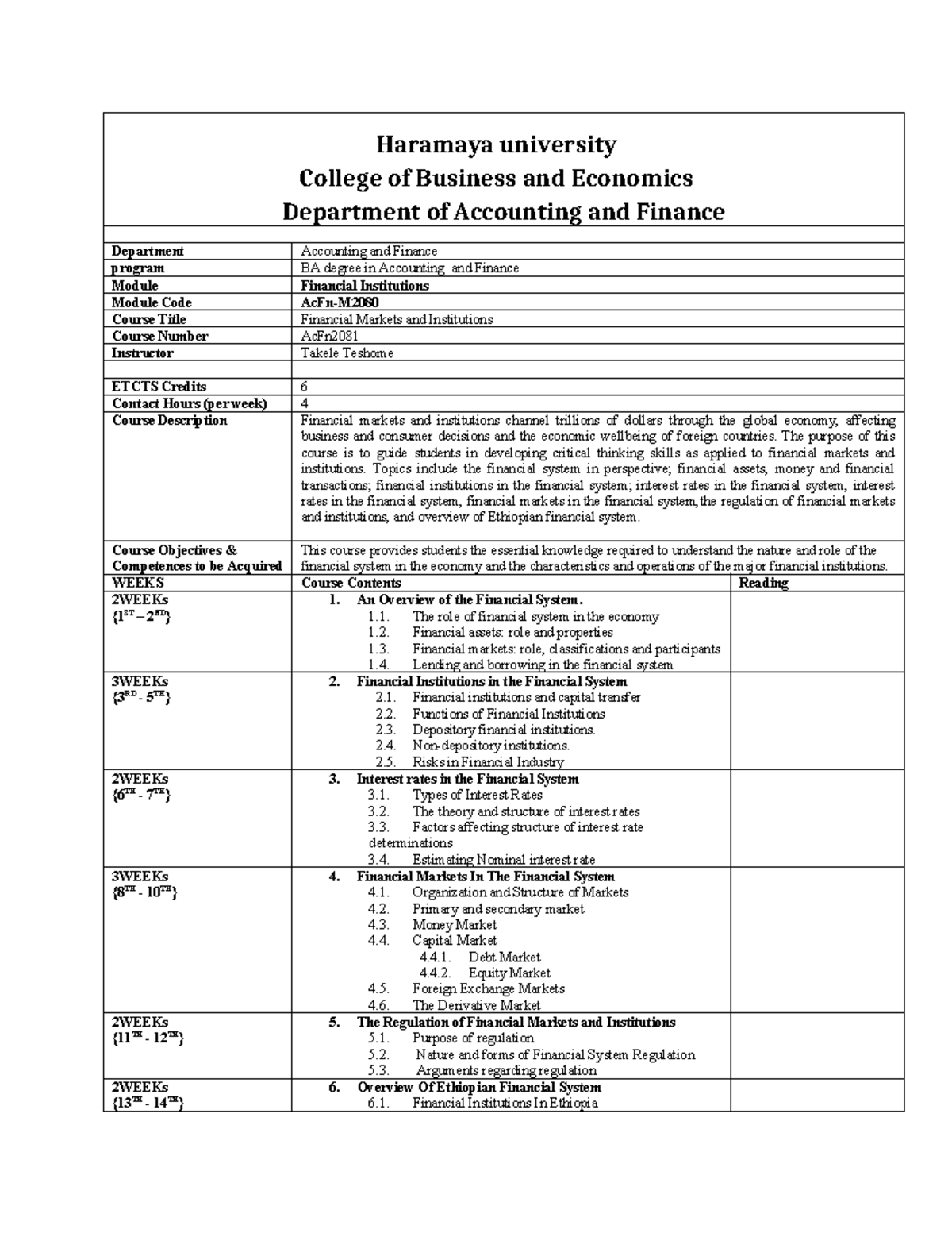 AcFn-M Course Outline: Financial Markets & Institutions Overview - Studocu