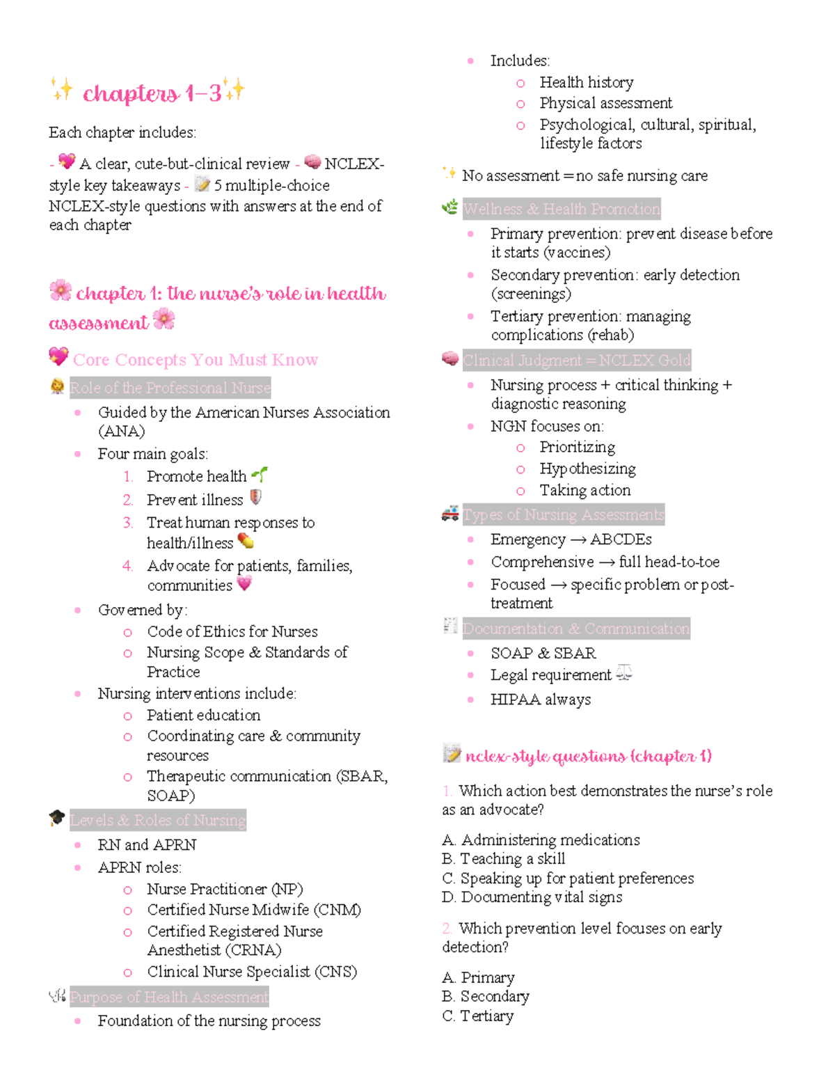 Ch1-3 Review Notes for NCLEX: Key Concepts & Questions - Studocu