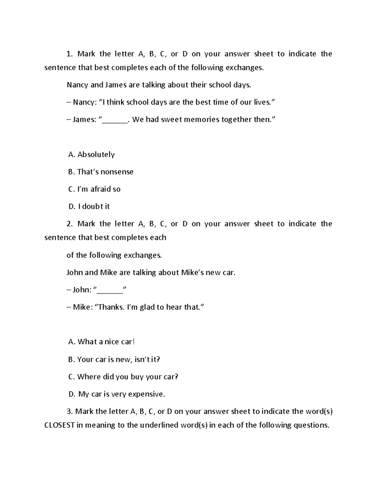 Entrance TEST - test - Mark the letter A, B, C, or D on your answer ...